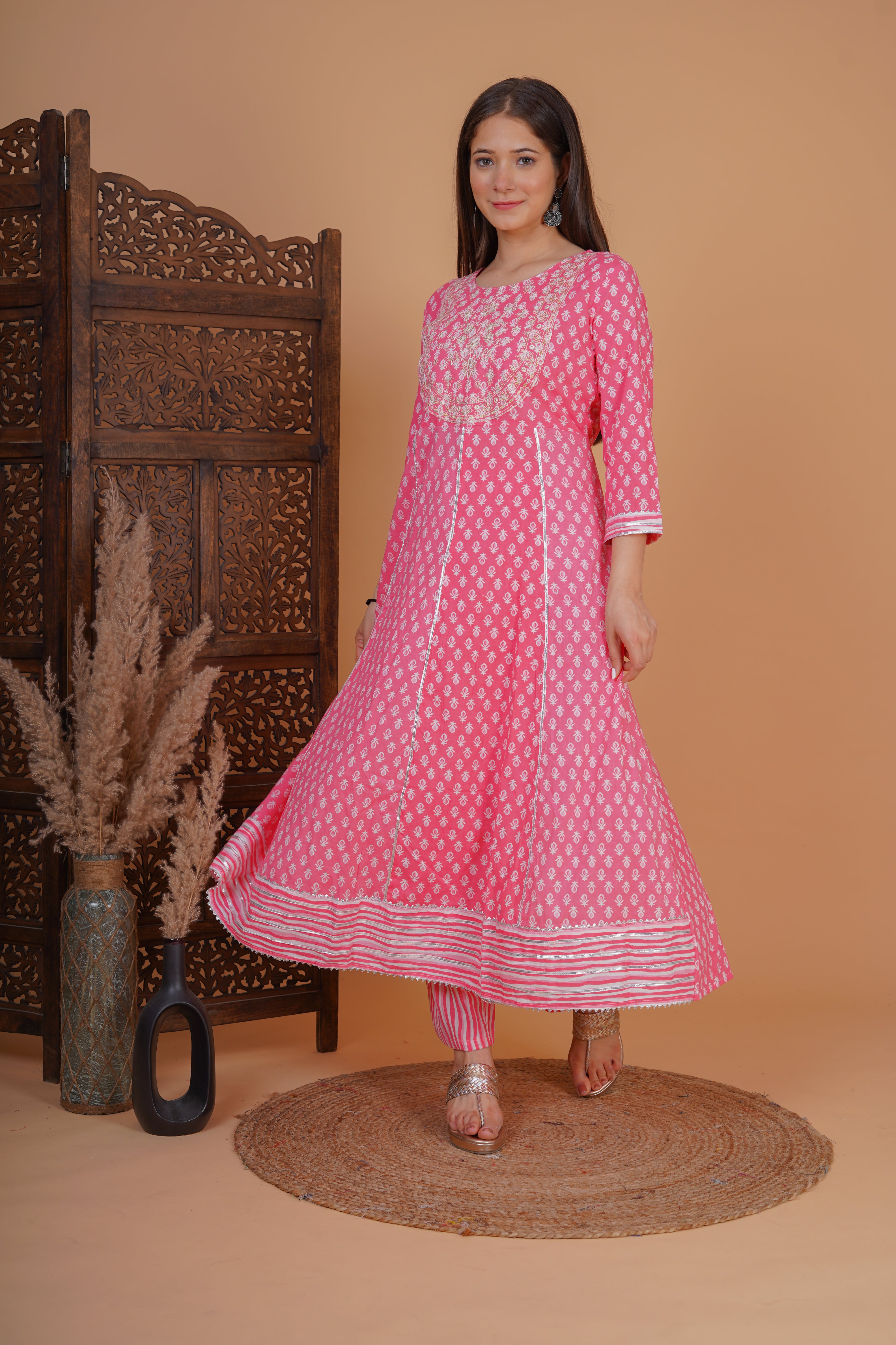 MEERA FAB Women's Cotton Printed Anarkali Kurta With Palazzo & Dupatta Set With Handwork