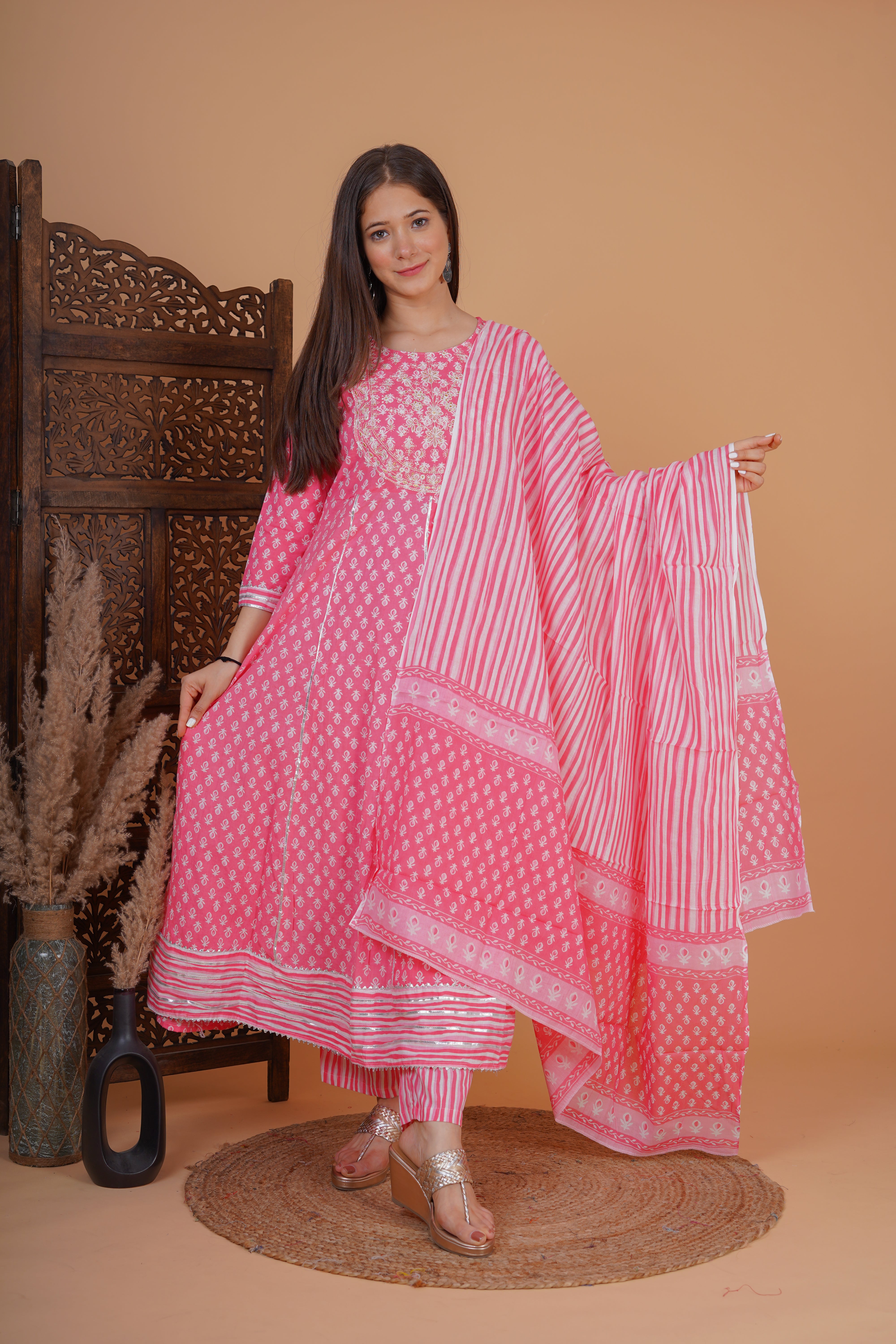 MEERA FAB Women's Cotton Printed Anarkali Kurta With Palazzo & Dupatta Set With Handwork
