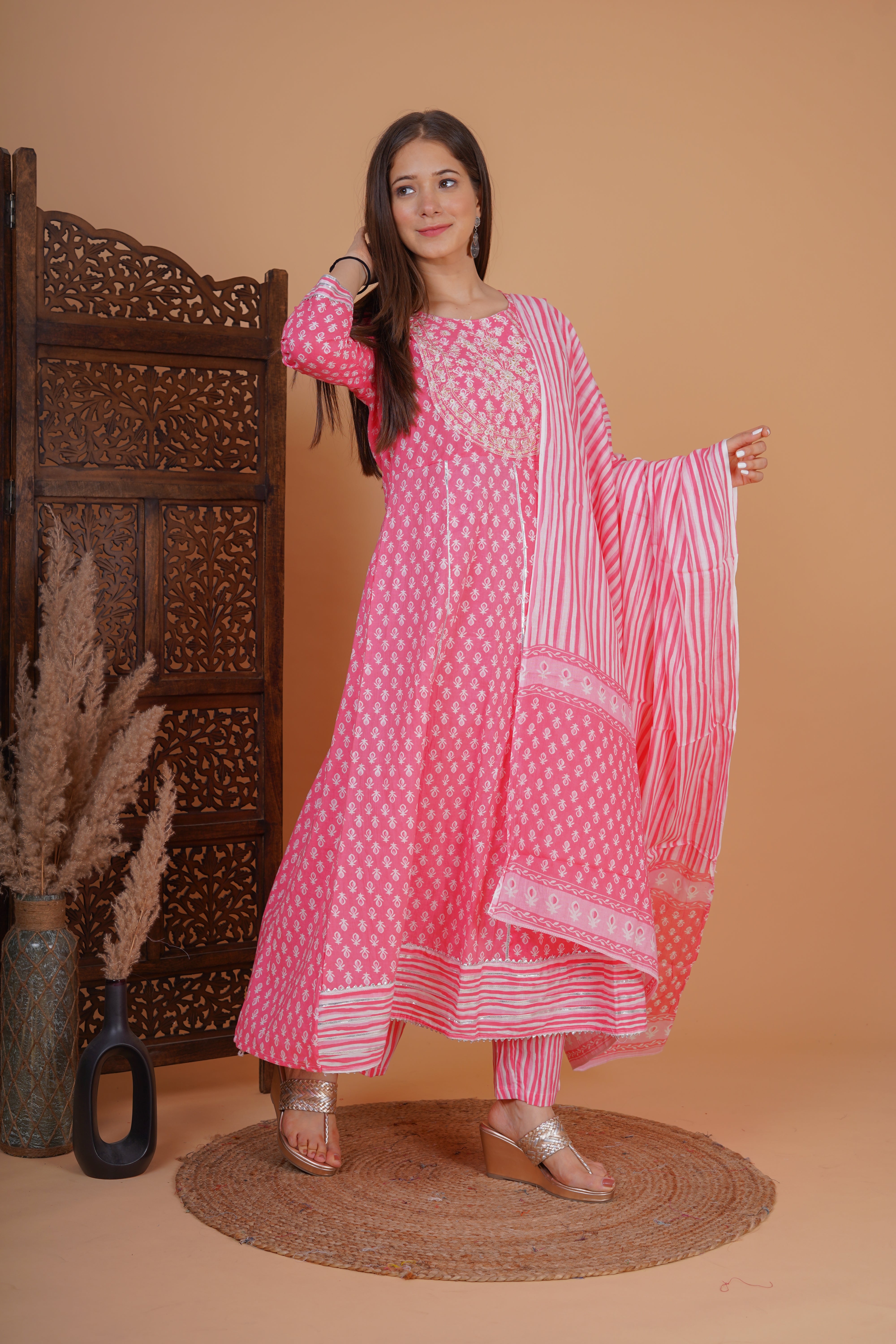 MEERA FAB Women's Cotton Printed Anarkali Kurta With Palazzo & Dupatta Set With Handwork