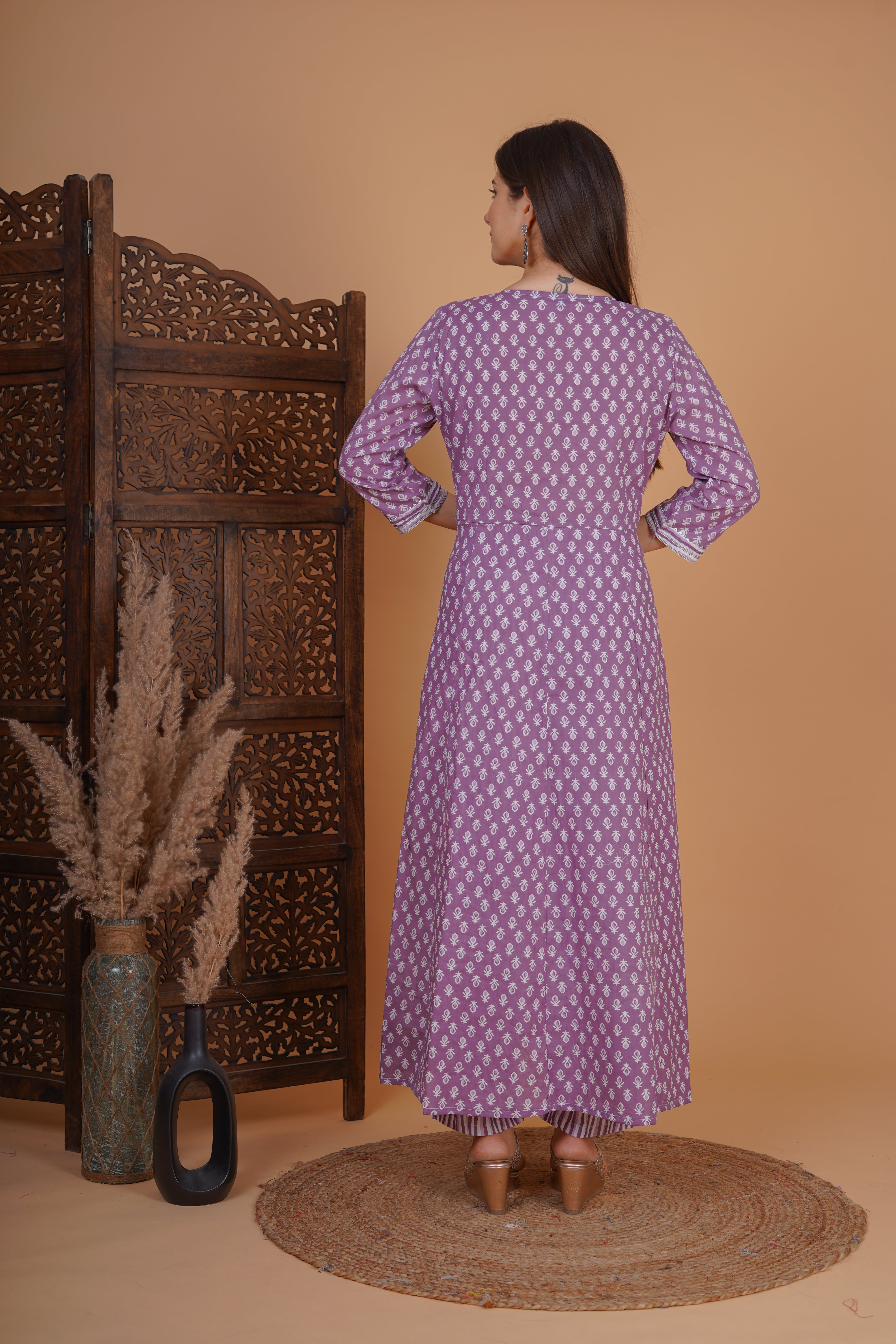 MEERA FAB Women's Cotton Printed Anarkali Kurta With Palazzo & Dupatta Set With Handwork