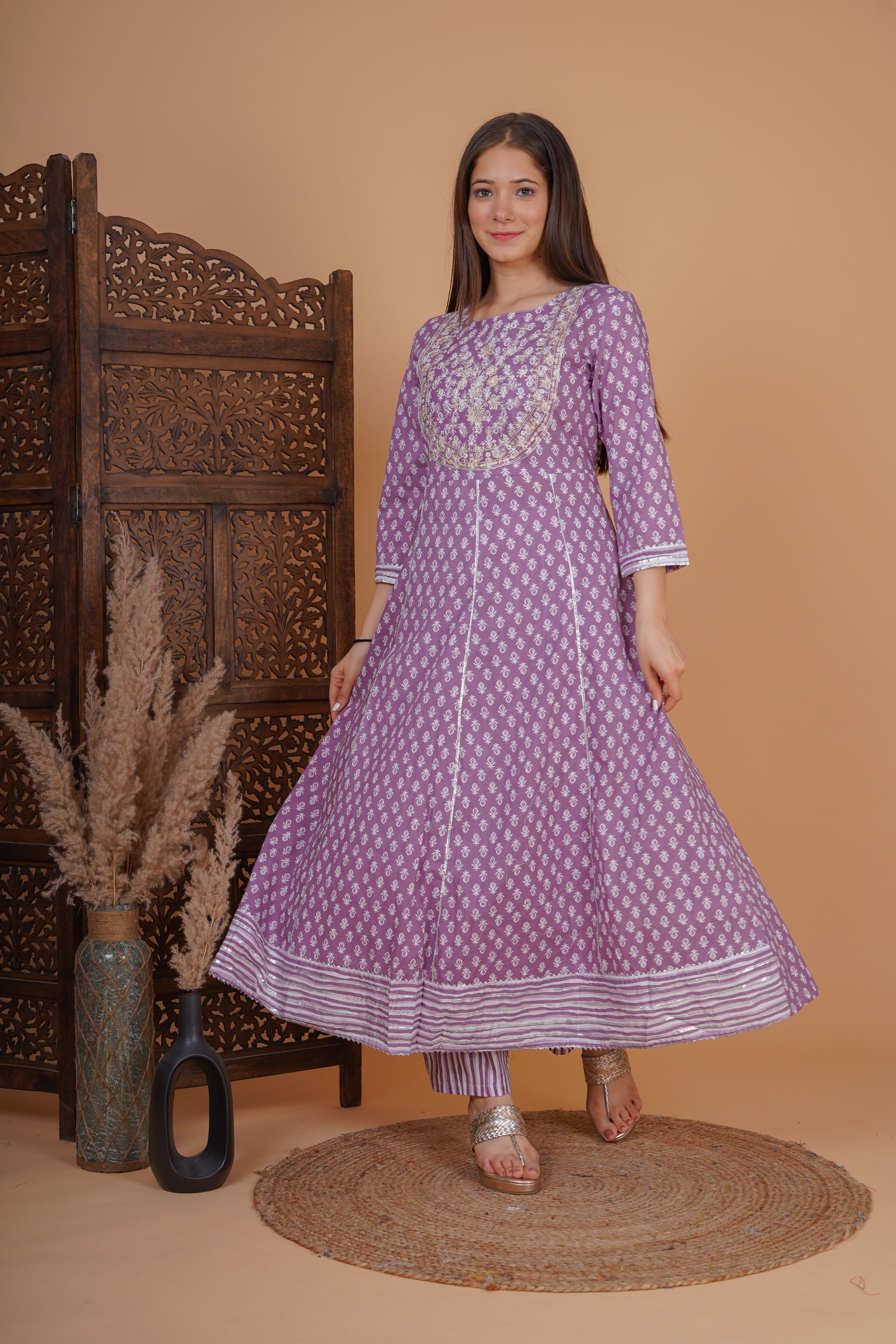 MEERA FAB Women's Cotton Printed Anarkali Kurta With Palazzo & Dupatta Set With Handwork