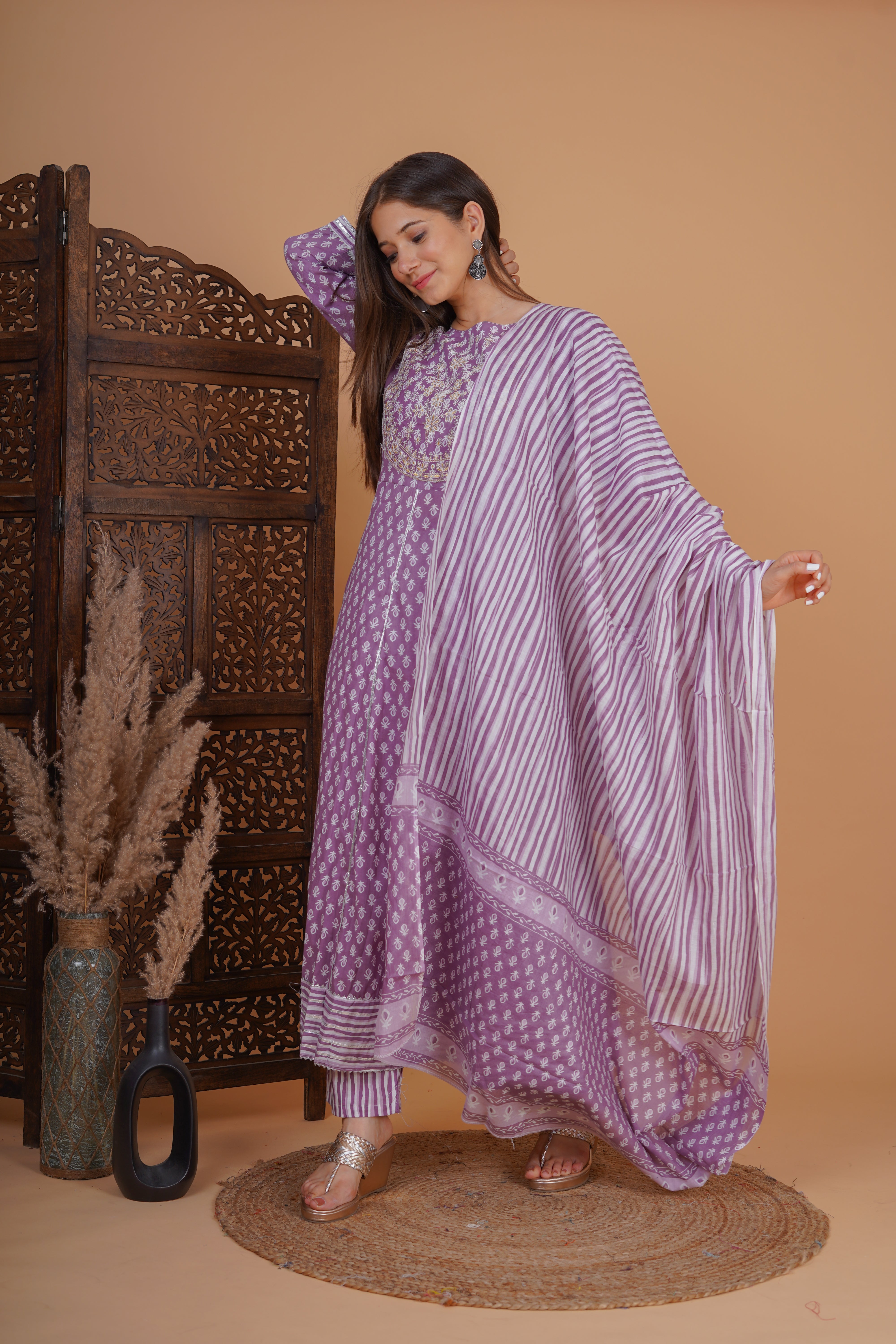 MEERA FAB Women's Cotton Printed Anarkali Kurta With Palazzo & Dupatta Set With Handwork