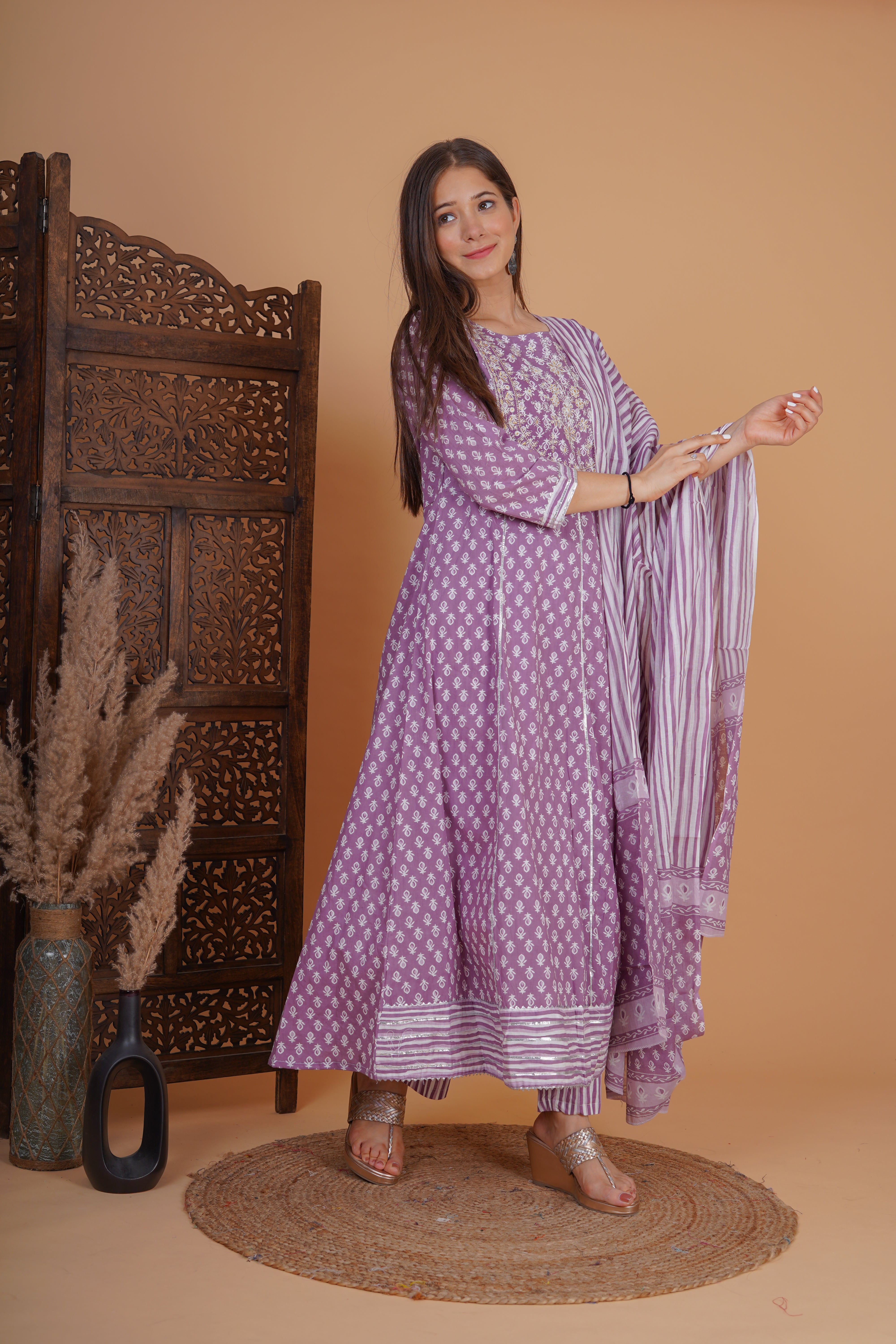MEERA FAB Women's Cotton Printed Anarkali Kurta With Palazzo & Dupatta Set With Handwork