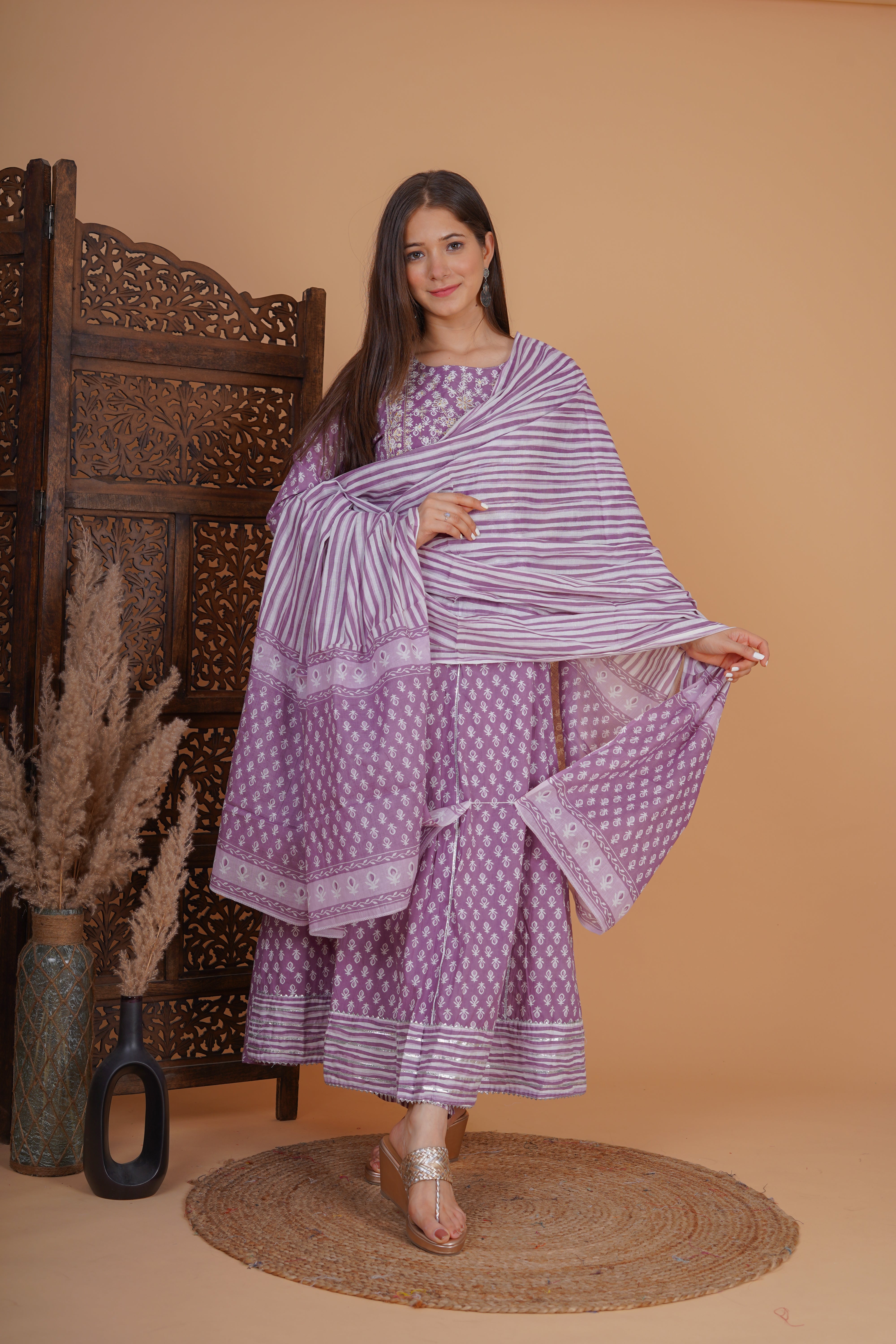 MEERA FAB Women's Cotton Printed Anarkali Kurta With Palazzo & Dupatta Set With Handwork