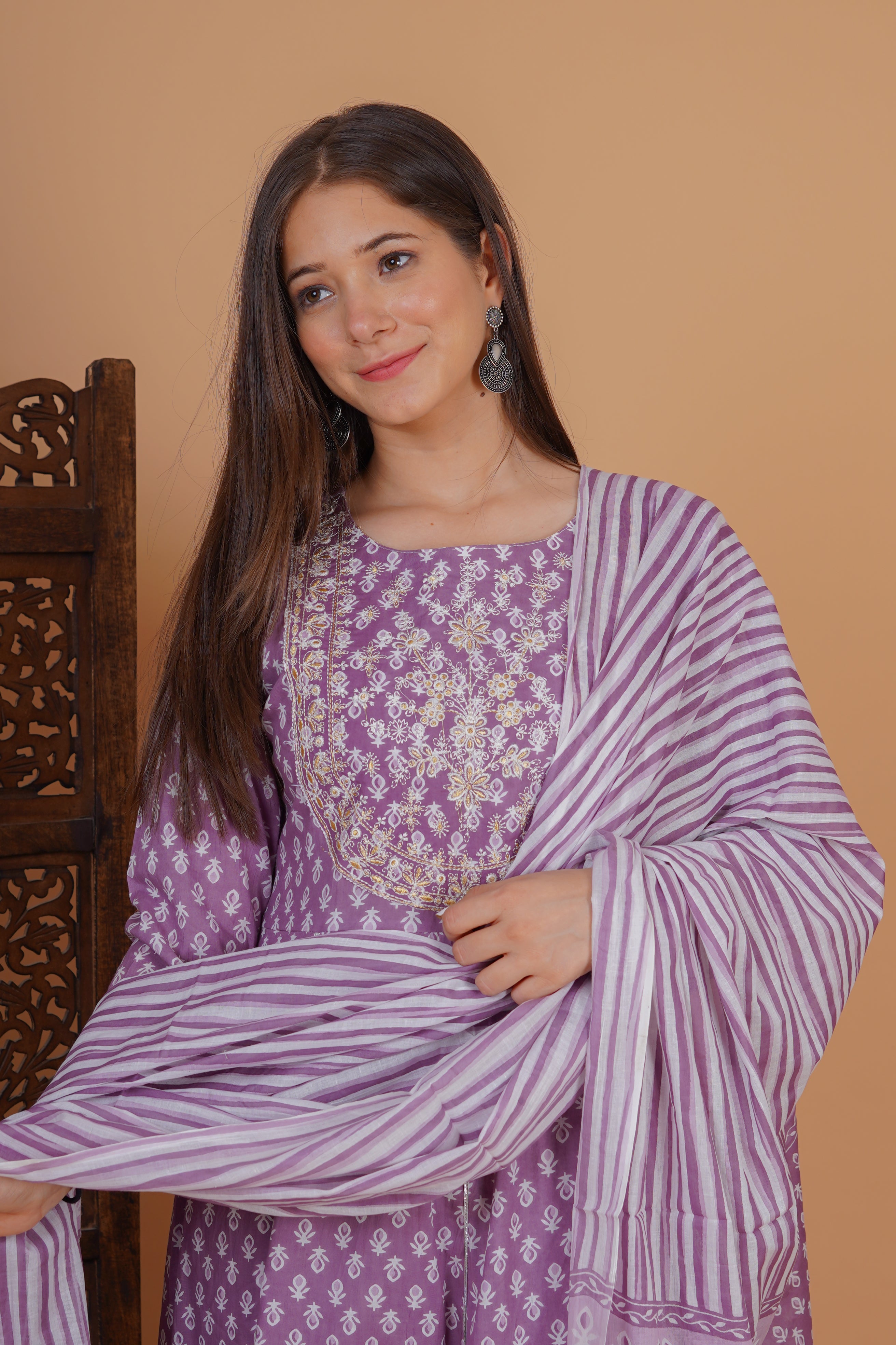 MEERA FAB Women's Cotton Printed Anarkali Kurta With Palazzo & Dupatta Set With Handwork