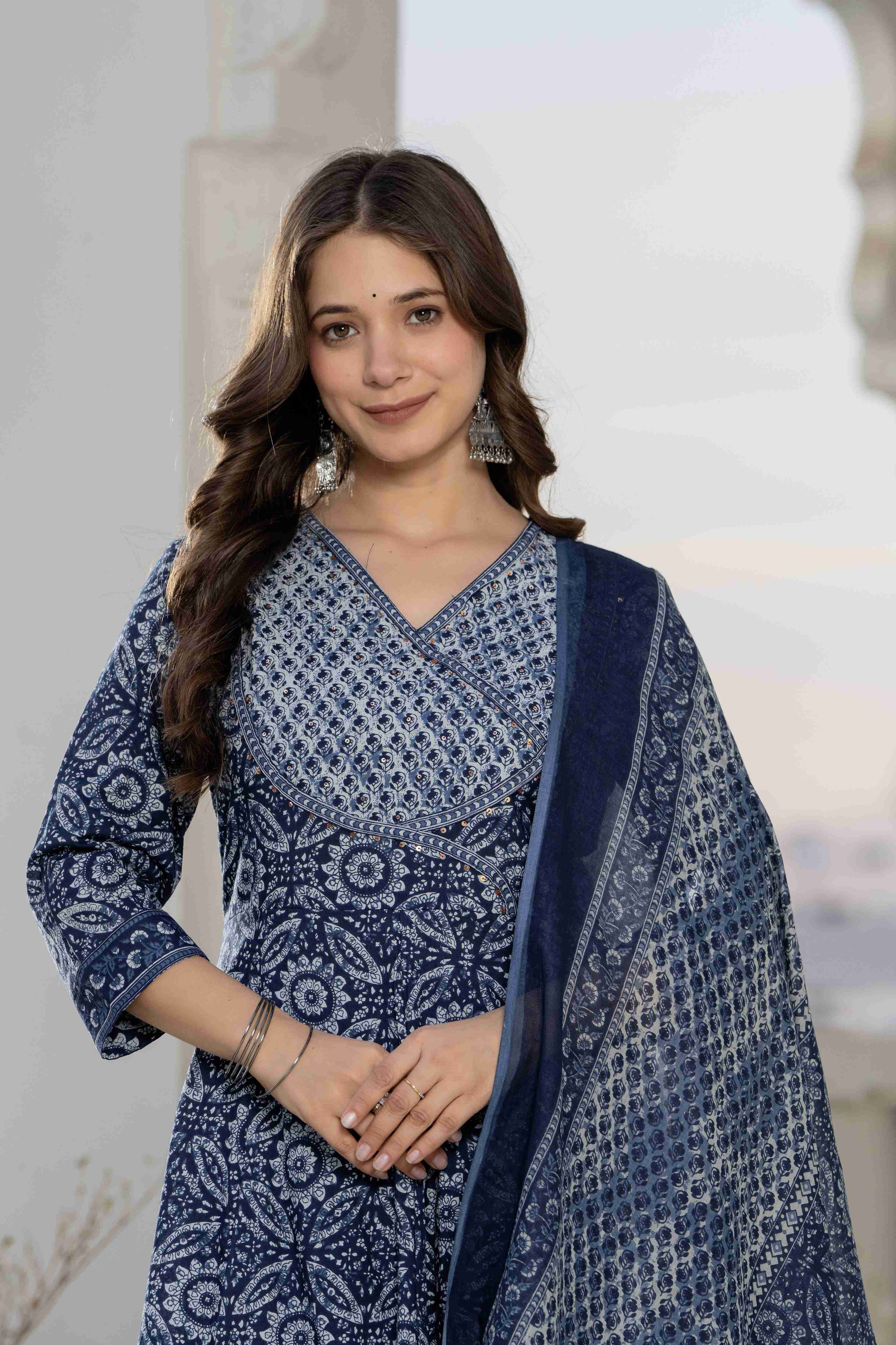 MEERA FAB Women Floral Printed Pure Cotton Anarkali Kurta with Palazzos & Dupatta