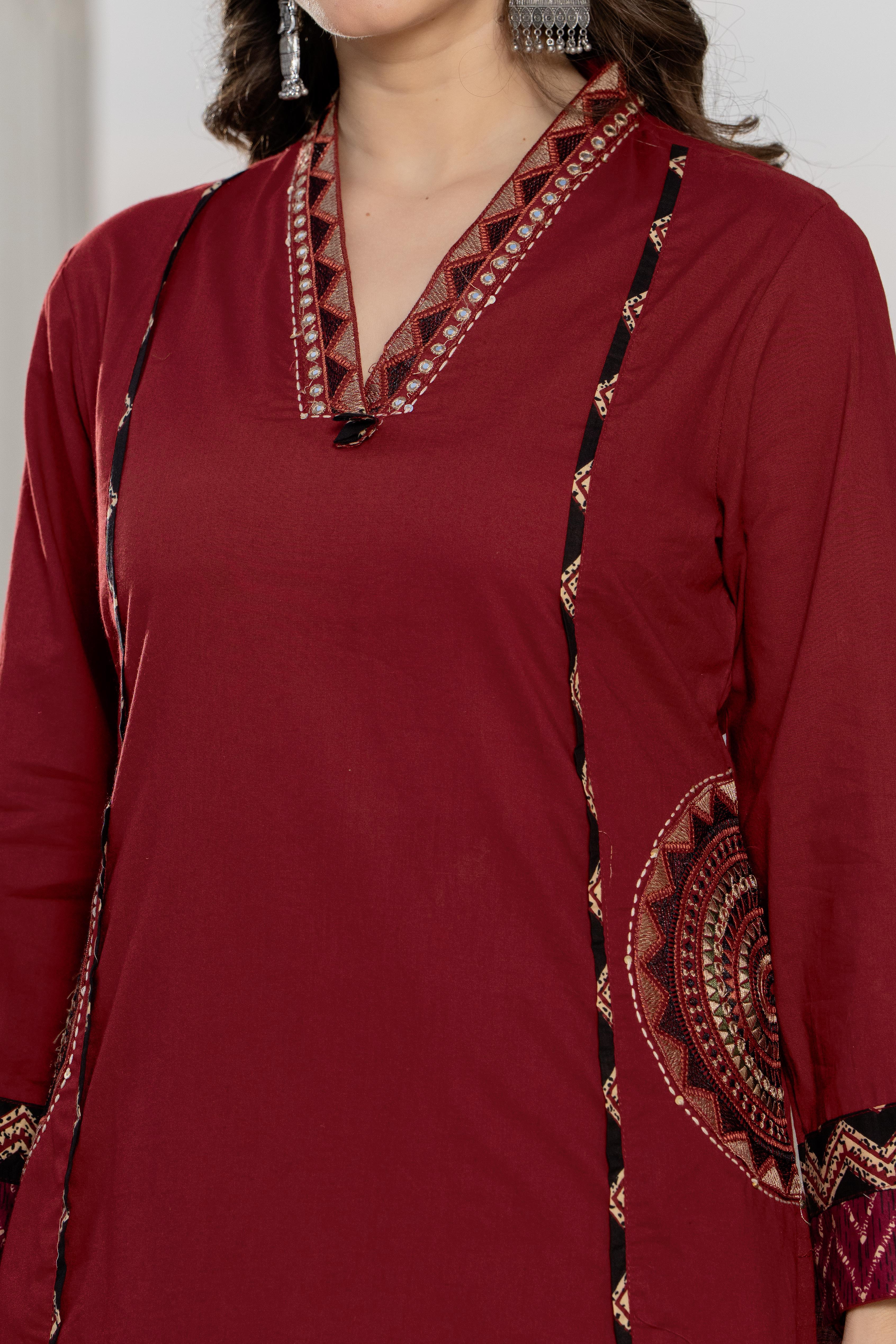 MEERA FAB Women Floral Printed Pure Cotton Straight V-Neck Kurta with Palazzos & Dupatta