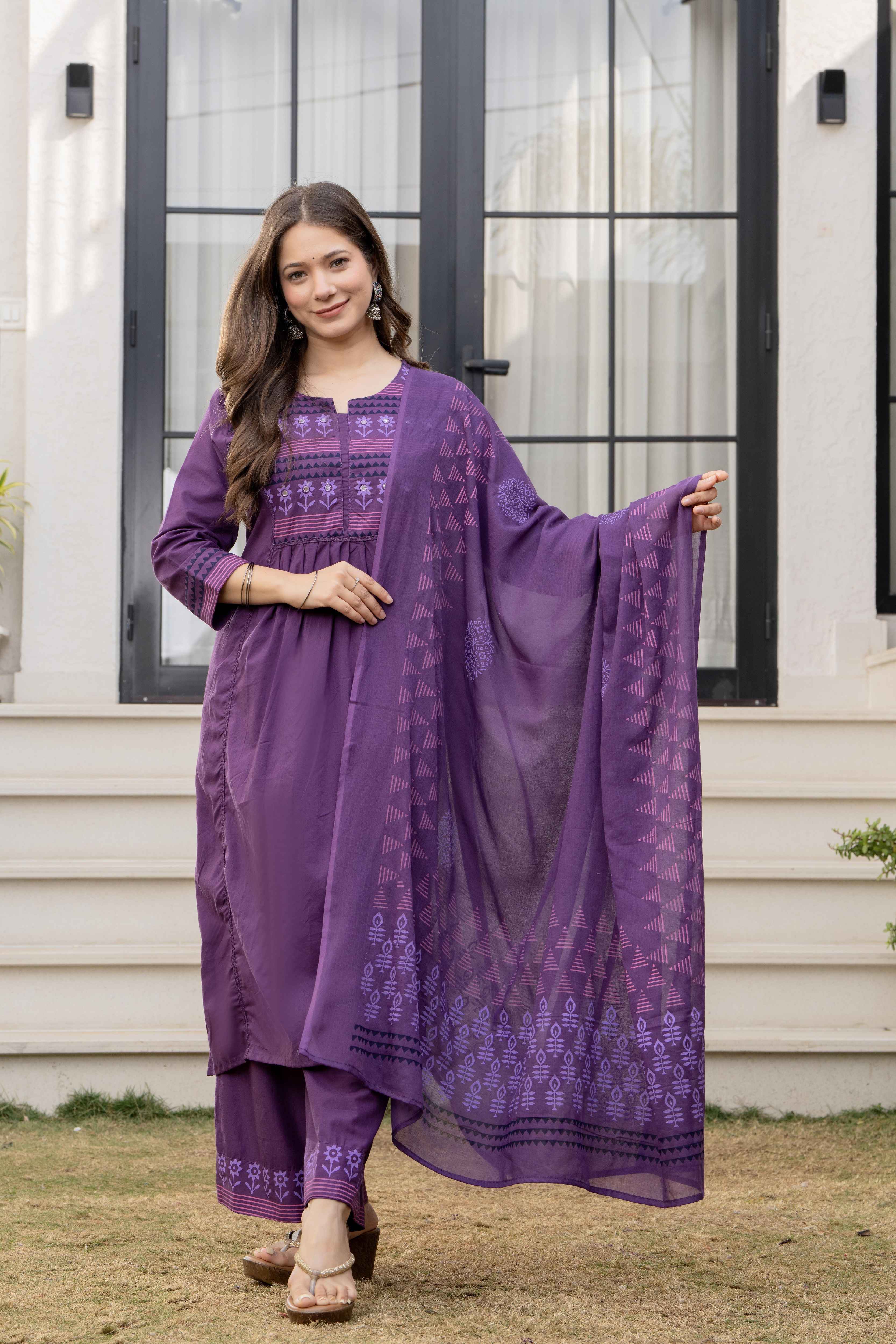 MEERA FAB Women Printed Regular Pure Cotton Straight Kurta with Palazzos & with Dupatta