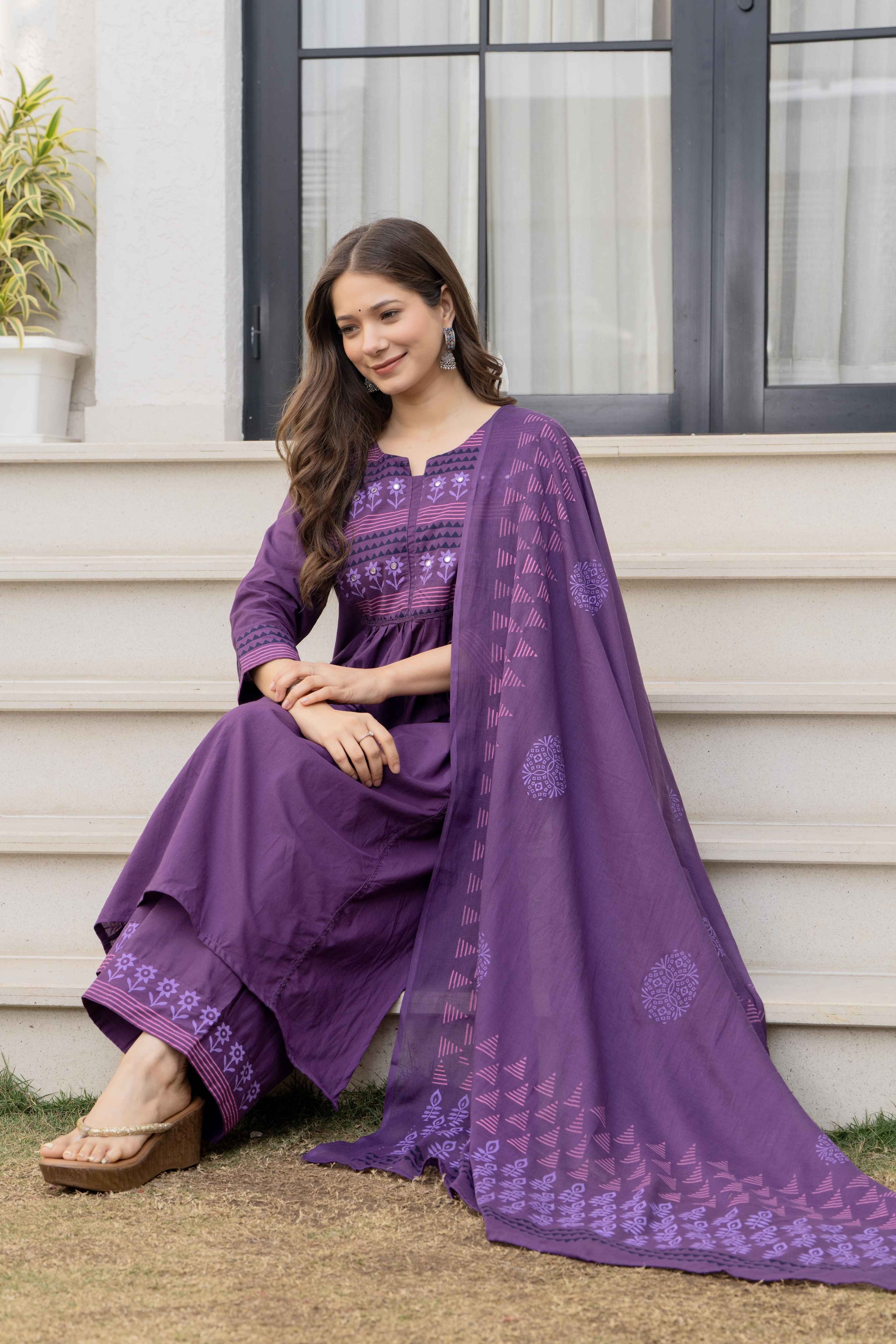 MEERA FAB Women Printed Regular Pure Cotton Straight Kurta with Palazzos & with Dupatta