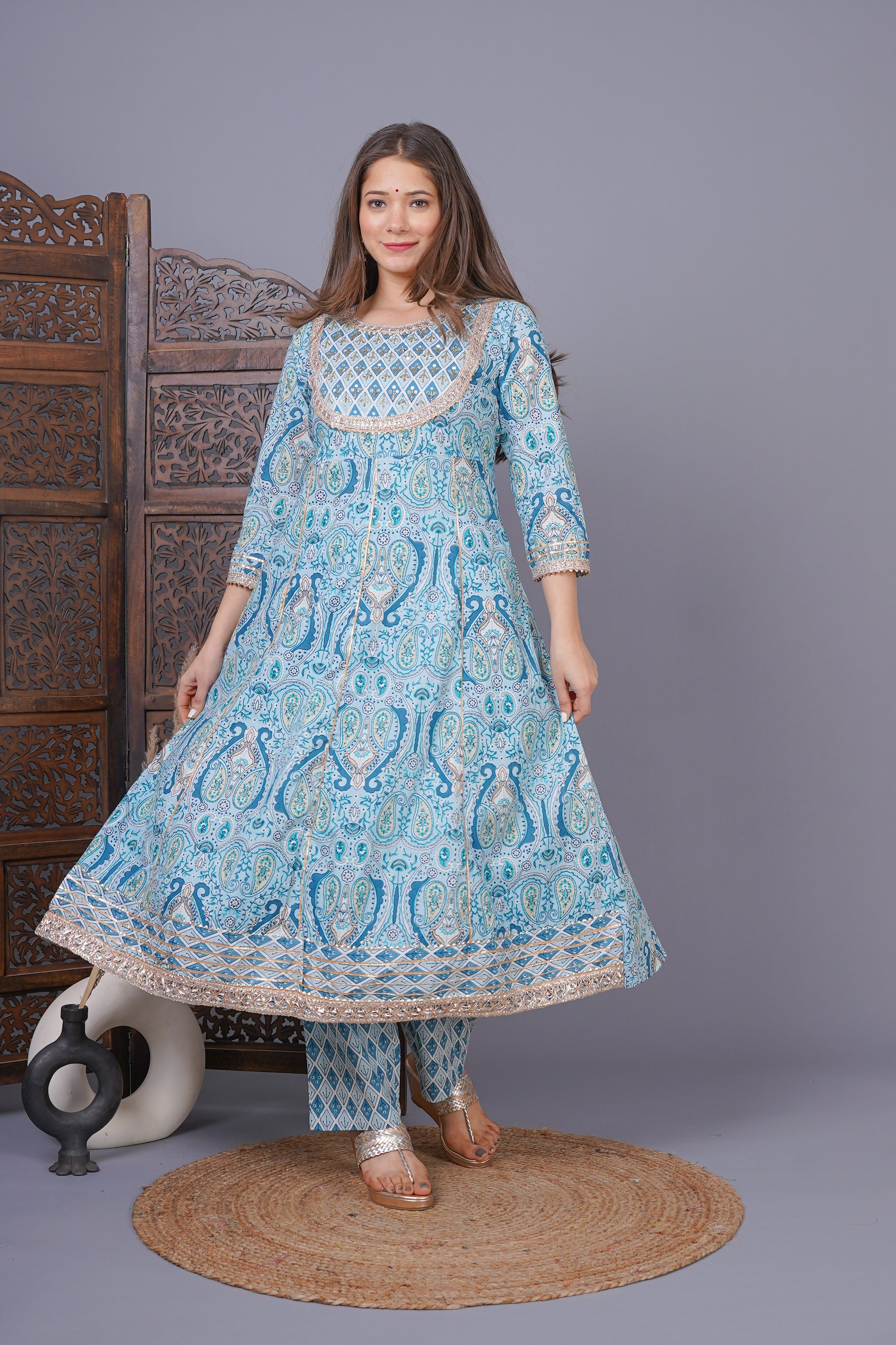 MEERA FAB Women's Cotton Printed Anarkali Kurta With Palazzo & Dupatta Set With Handwork