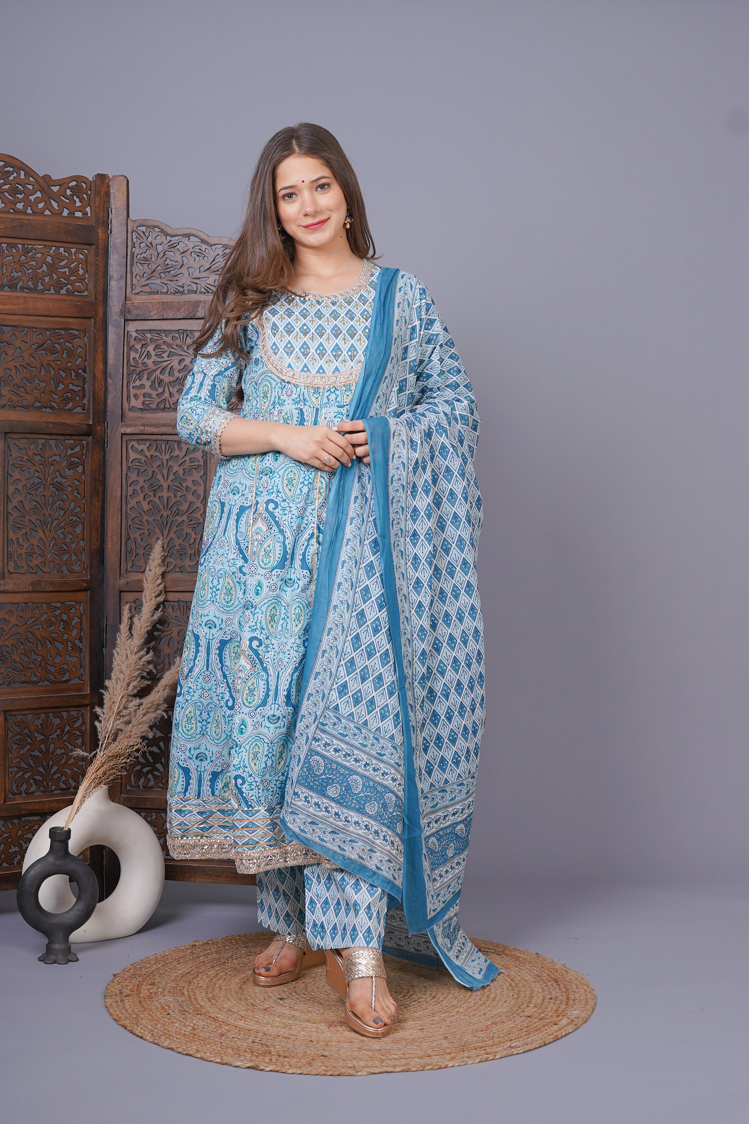 MEERA FAB Women's Cotton Printed Anarkali Kurta With Palazzo & Dupatta Set With Handwork