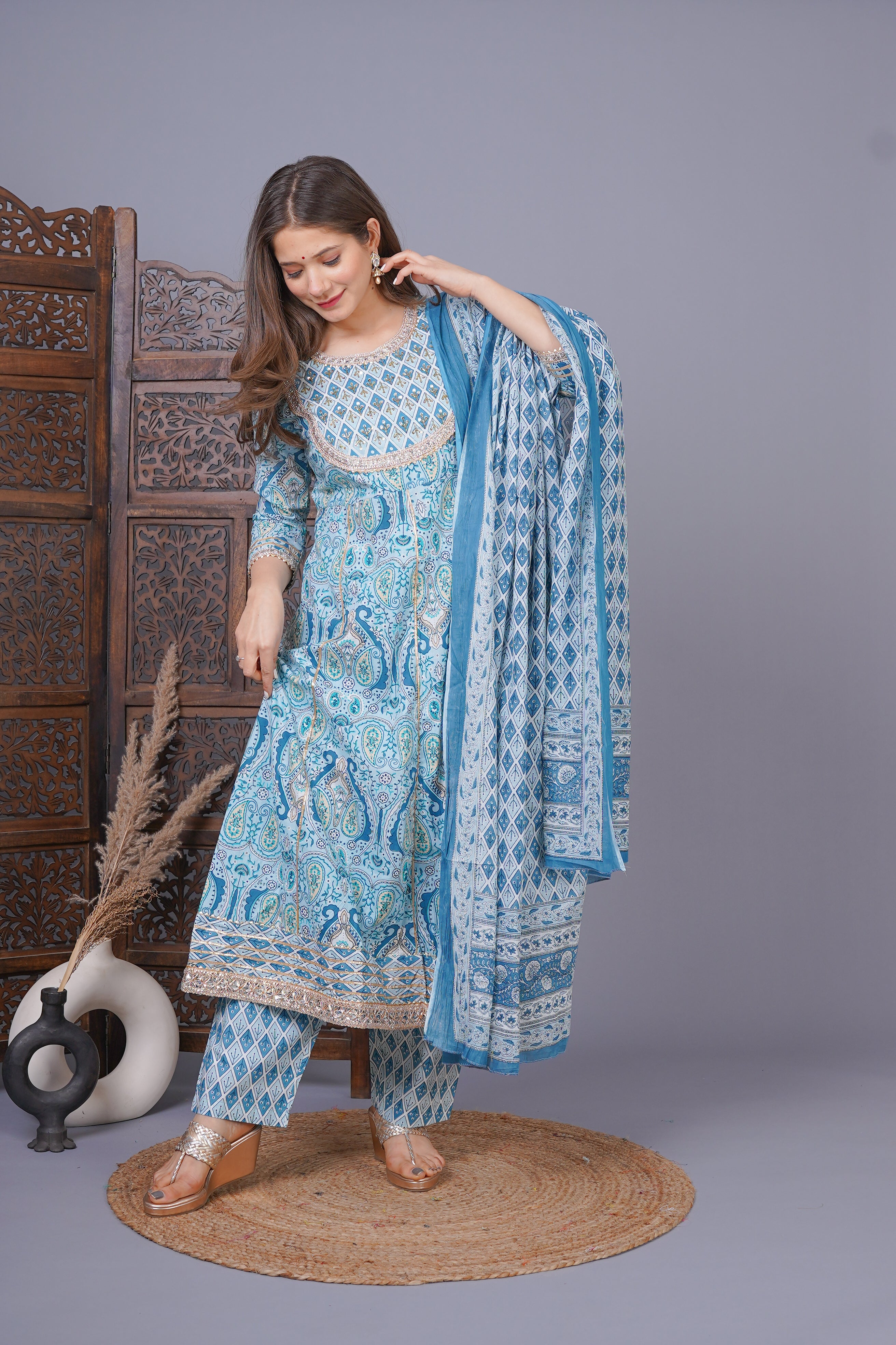 MEERA FAB Women's Cotton Printed Anarkali Kurta With Palazzo & Dupatta Set With Handwork