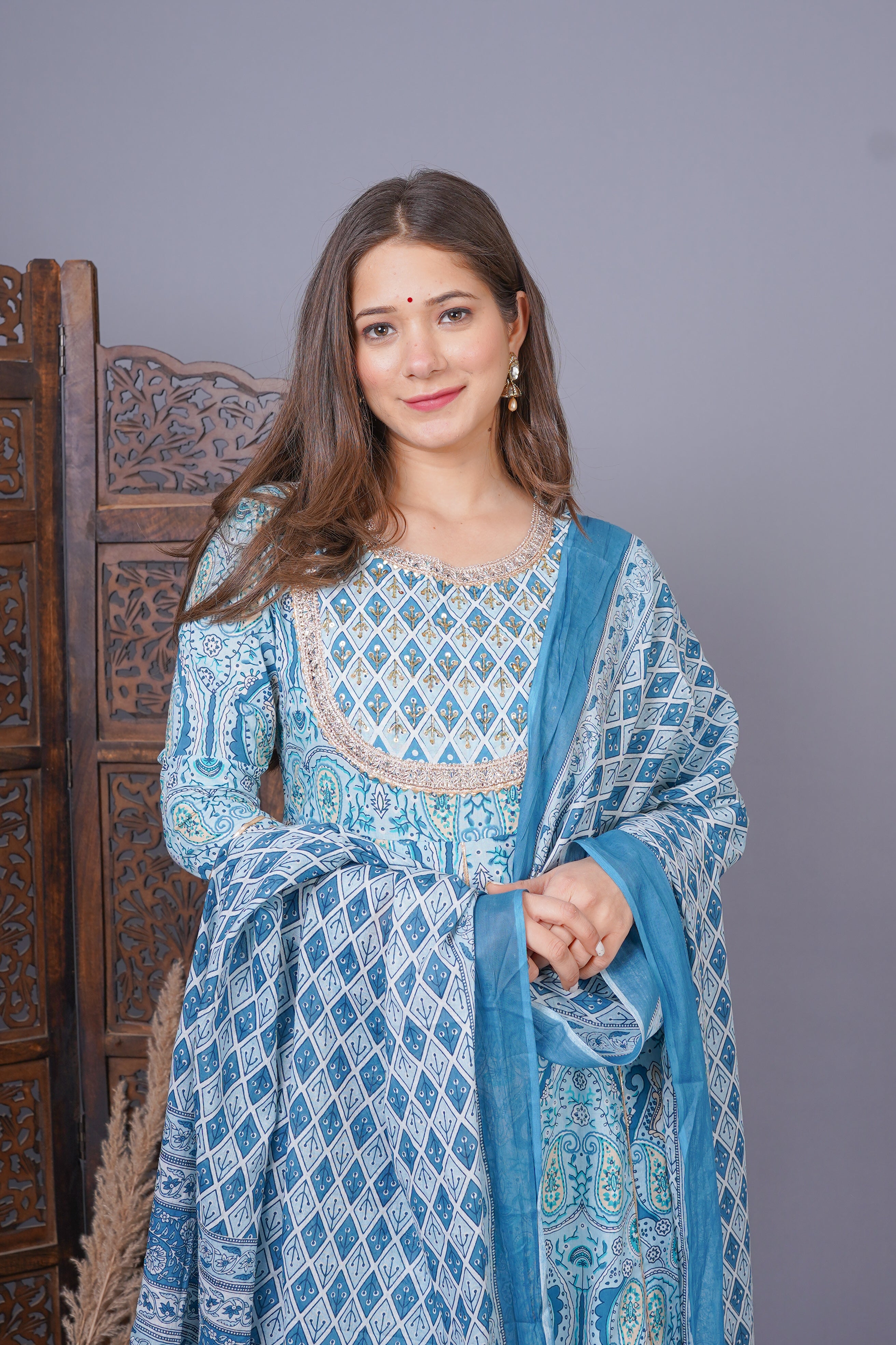 MEERA FAB Women's Cotton Printed Anarkali Kurta With Palazzo & Dupatta Set With Handwork