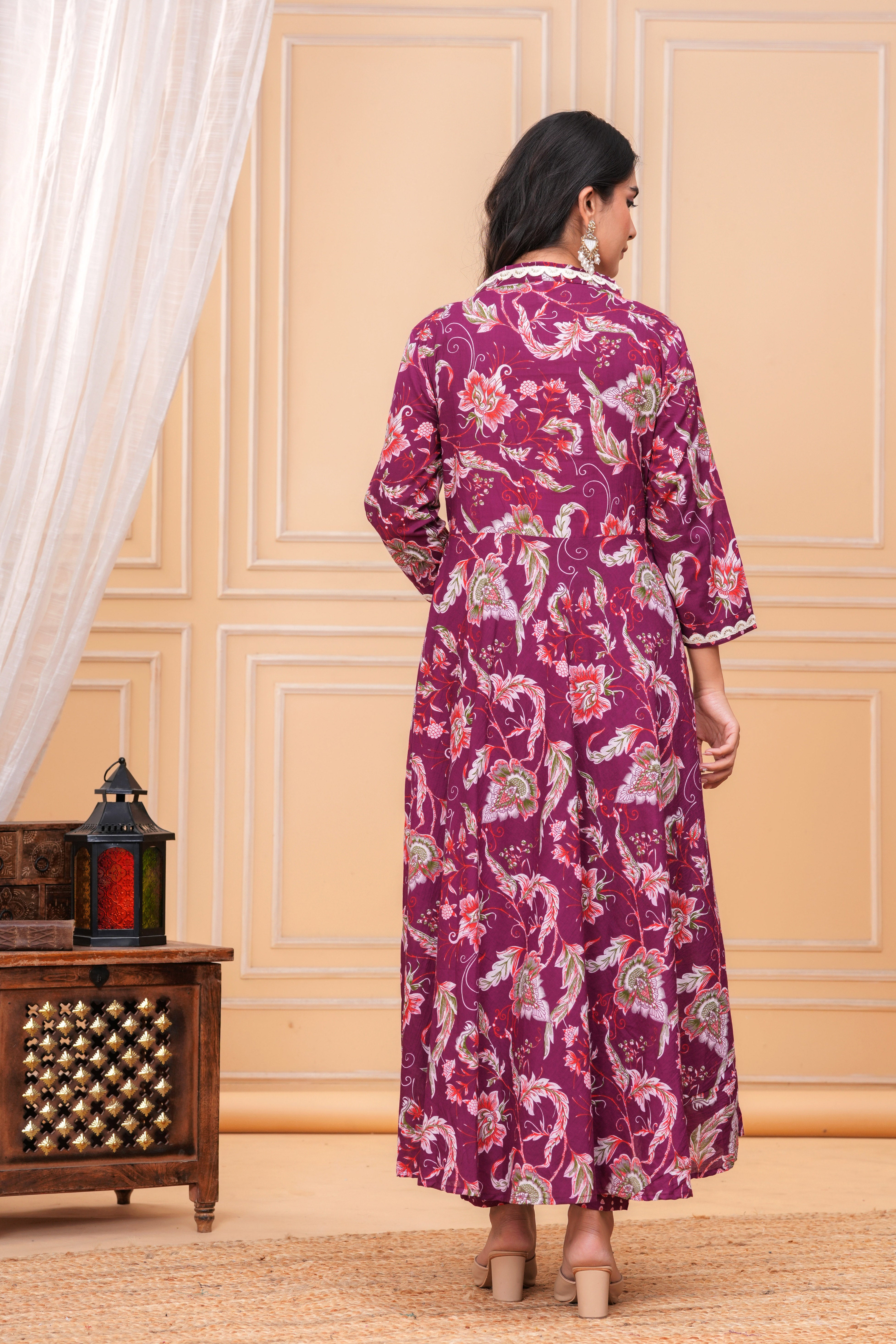 MEERA FAB Women Floral Printed Panelled Sequinned Pure Cotton Anarkali Kurta with Trousers & Dupatta