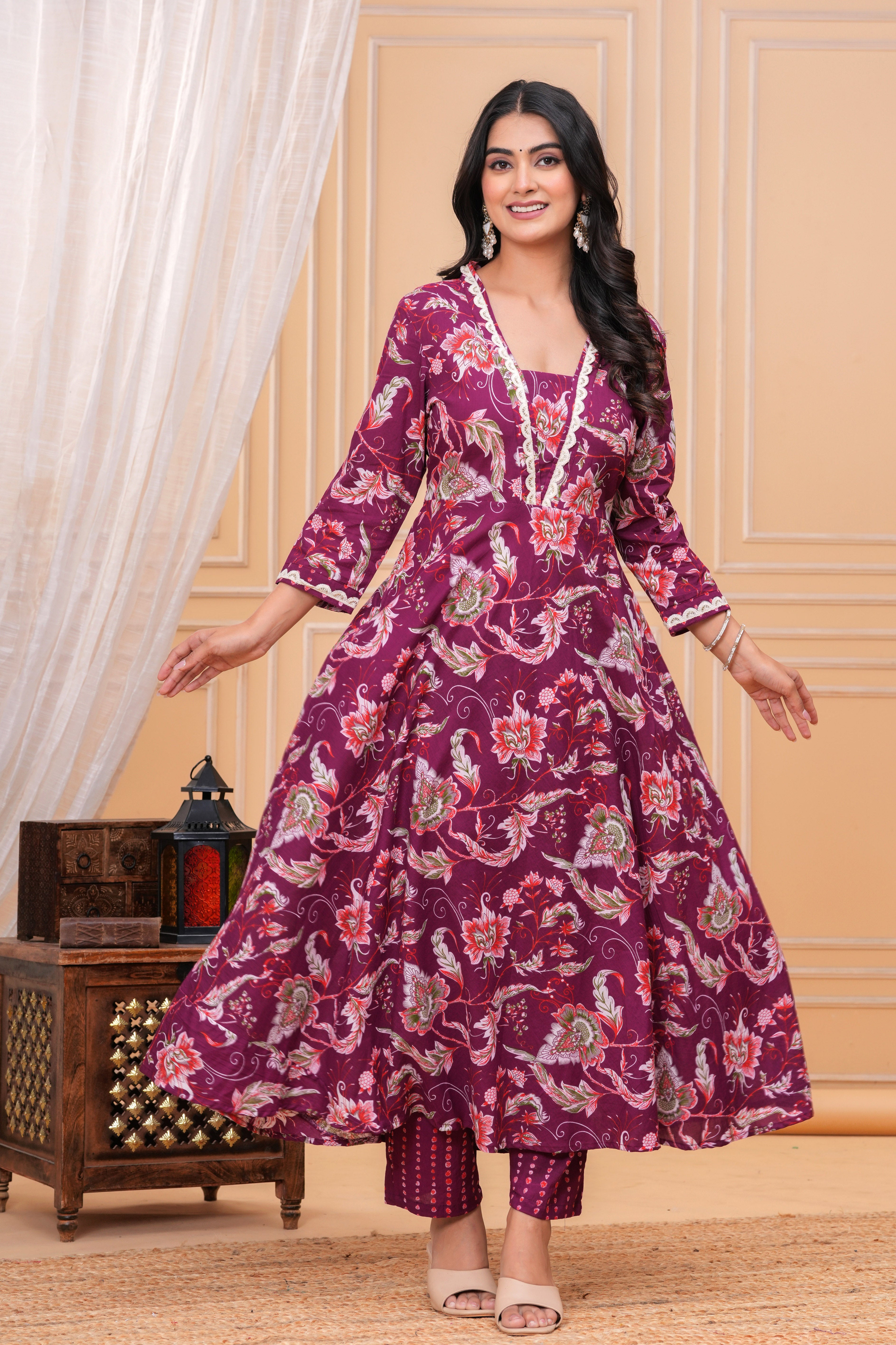 MEERA FAB Women Floral Printed Panelled Sequinned Pure Cotton Anarkali Kurta with Trousers & Dupatta