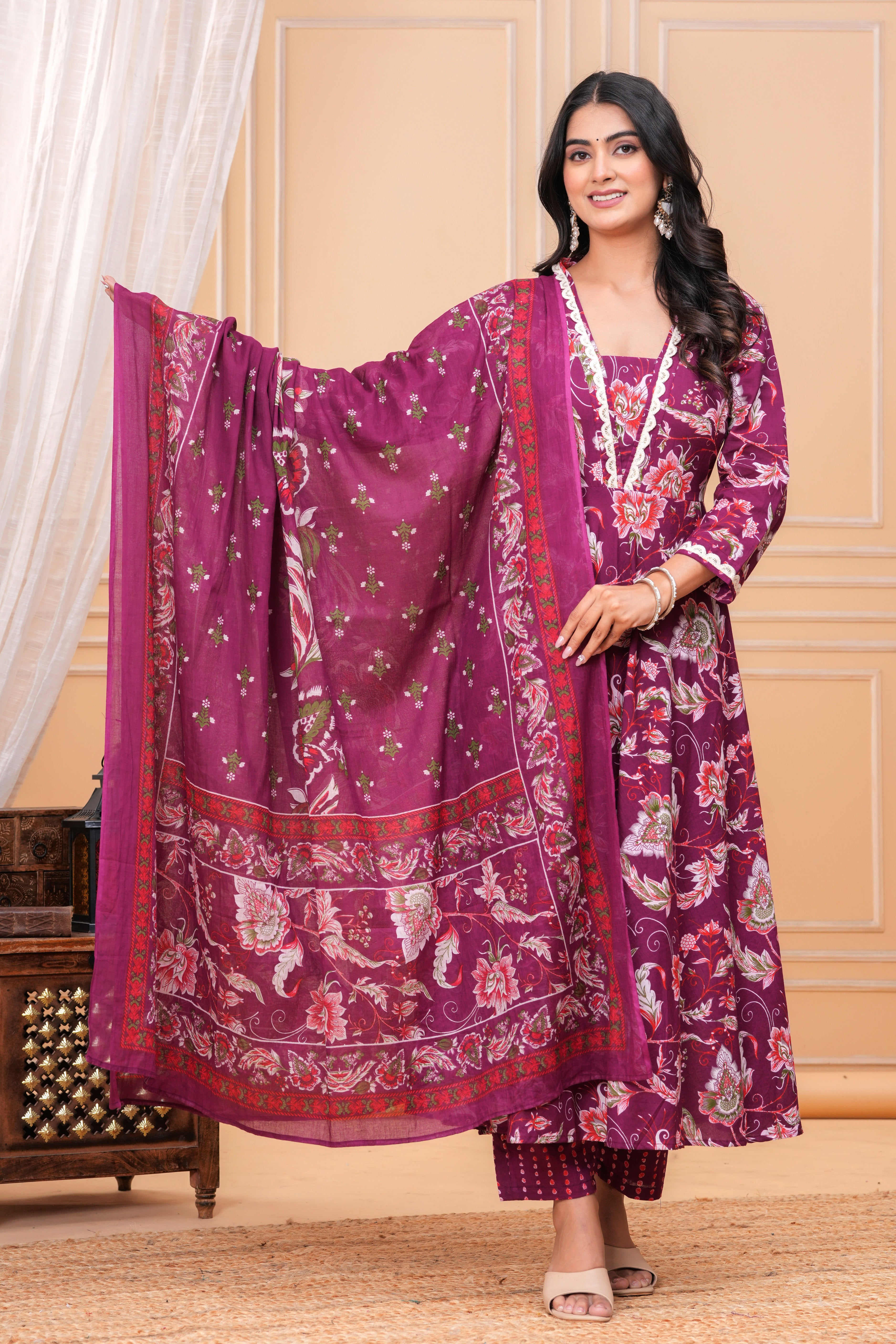 MEERA FAB Women Floral Printed Panelled Sequinned Pure Cotton Anarkali Kurta with Trousers & Dupatta