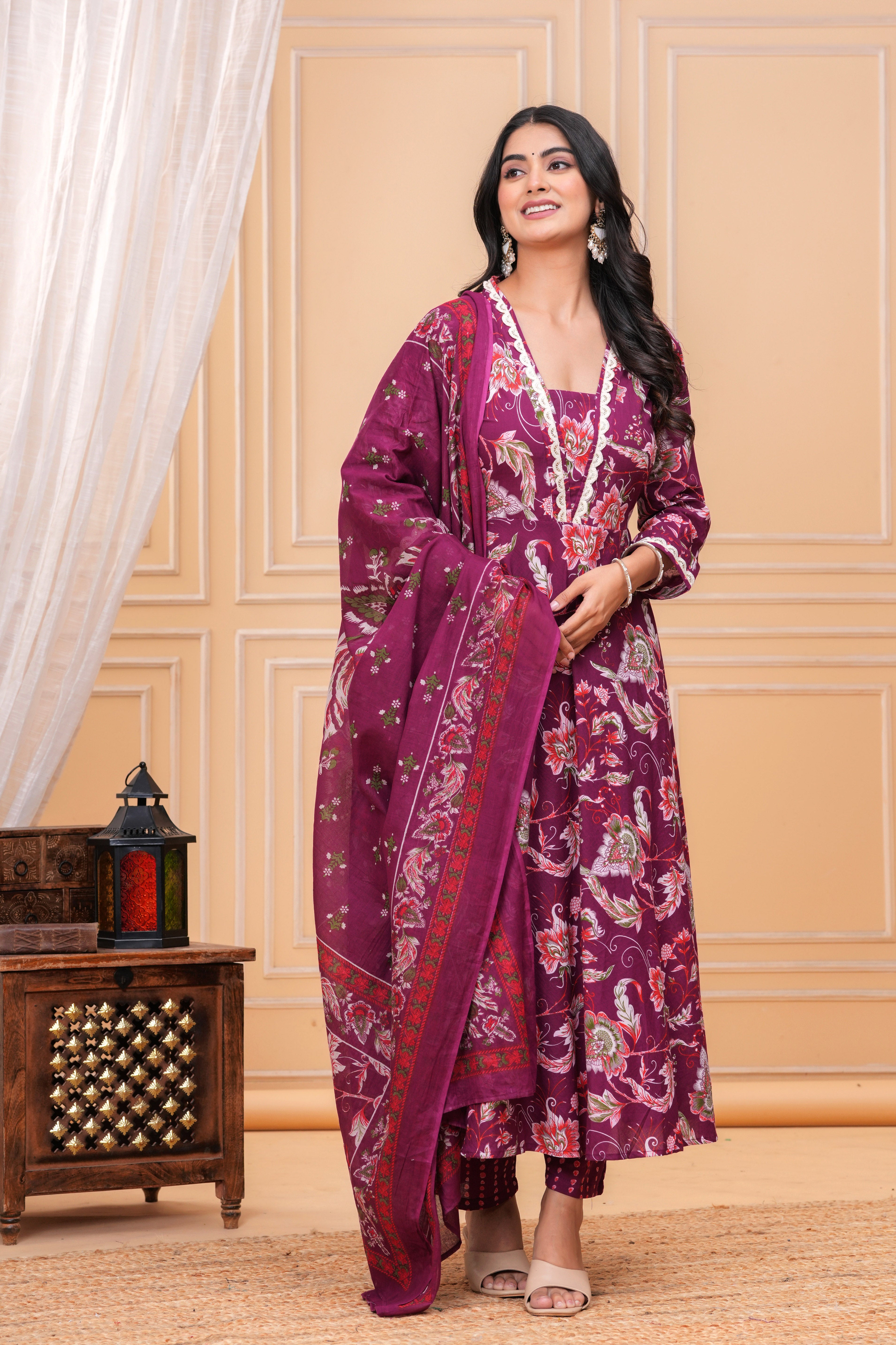 MEERA FAB Women Floral Printed Panelled Sequinned Pure Cotton Anarkali Kurta with Trousers & Dupatta