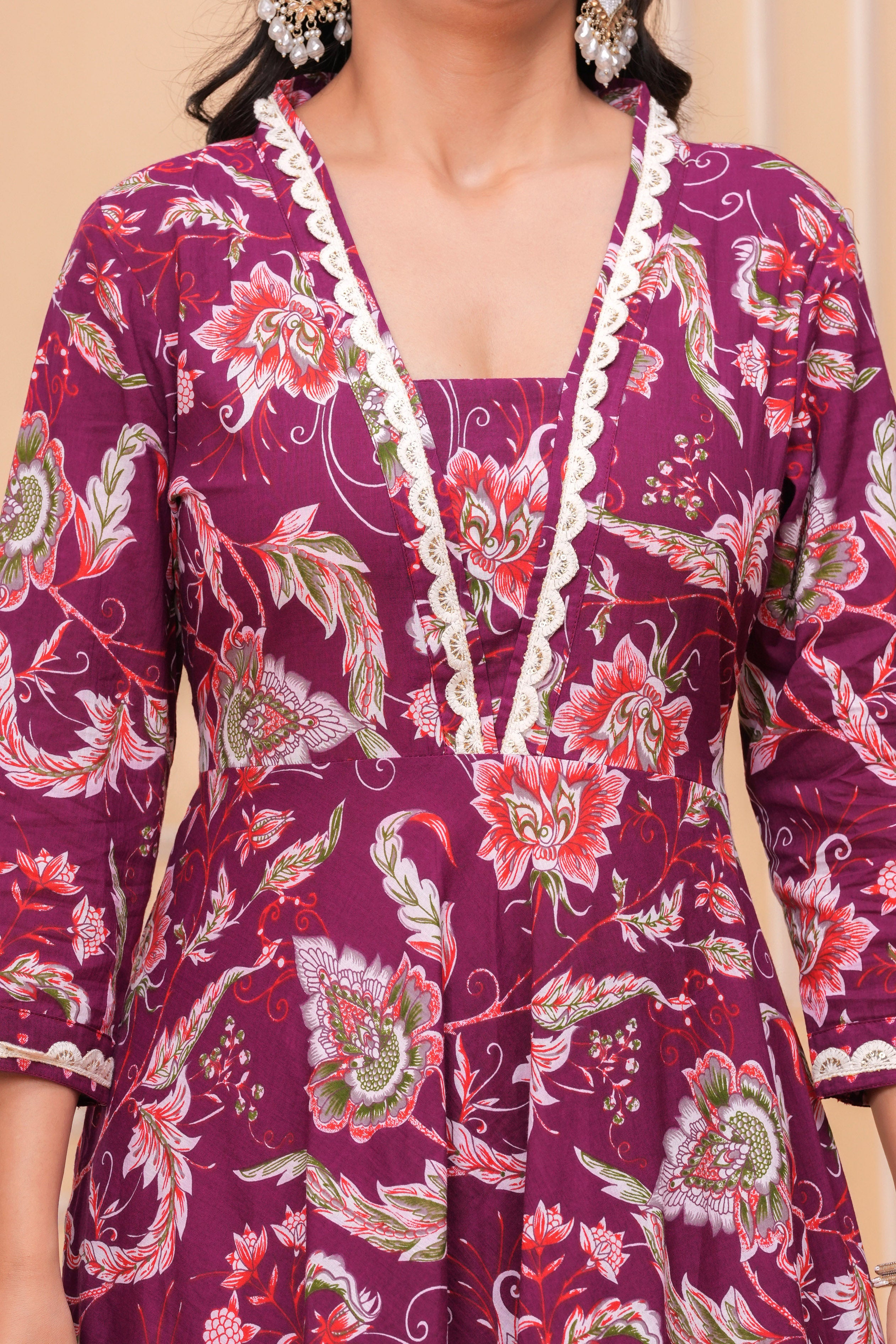 MEERA FAB Women Floral Printed Panelled Sequinned Pure Cotton Anarkali Kurta with Trousers & Dupatta