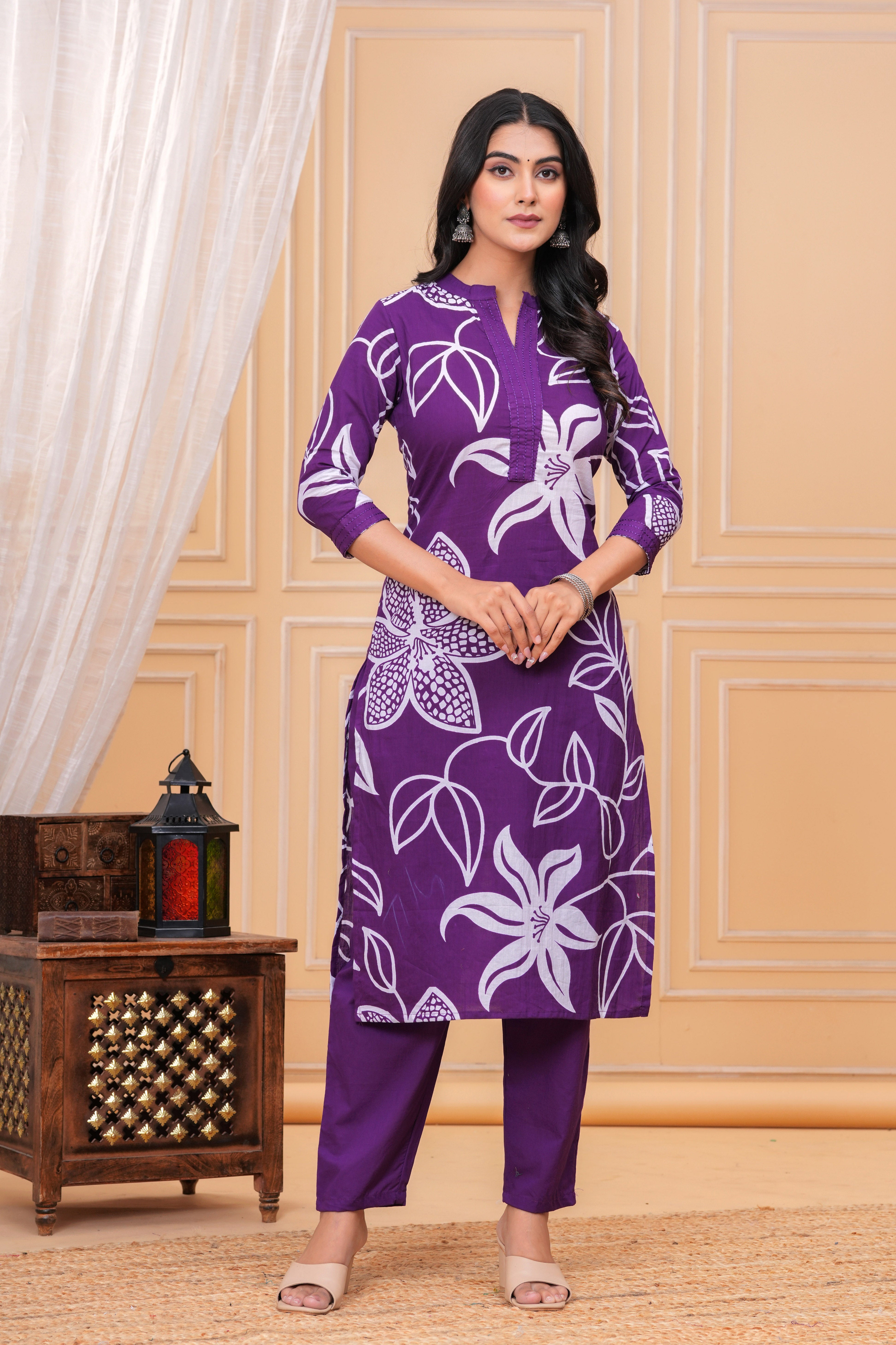MEERA FAB Women's Pure Cotton Printed Ethnic Wear Straight Kurta Set with Palazzo Pants