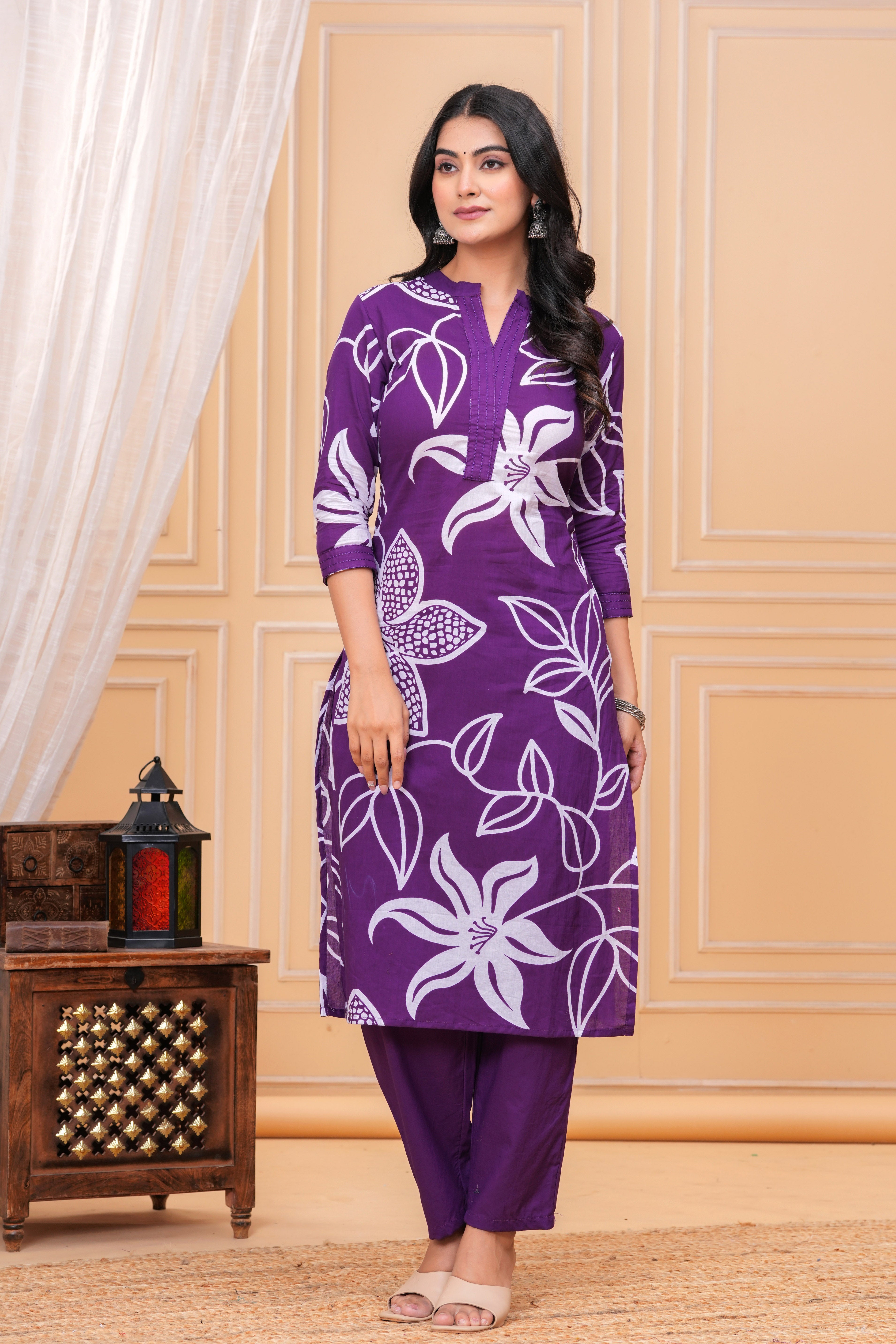 MEERA FAB Women's Pure Cotton Printed Ethnic Wear Straight Kurta Set with Palazzo Pants