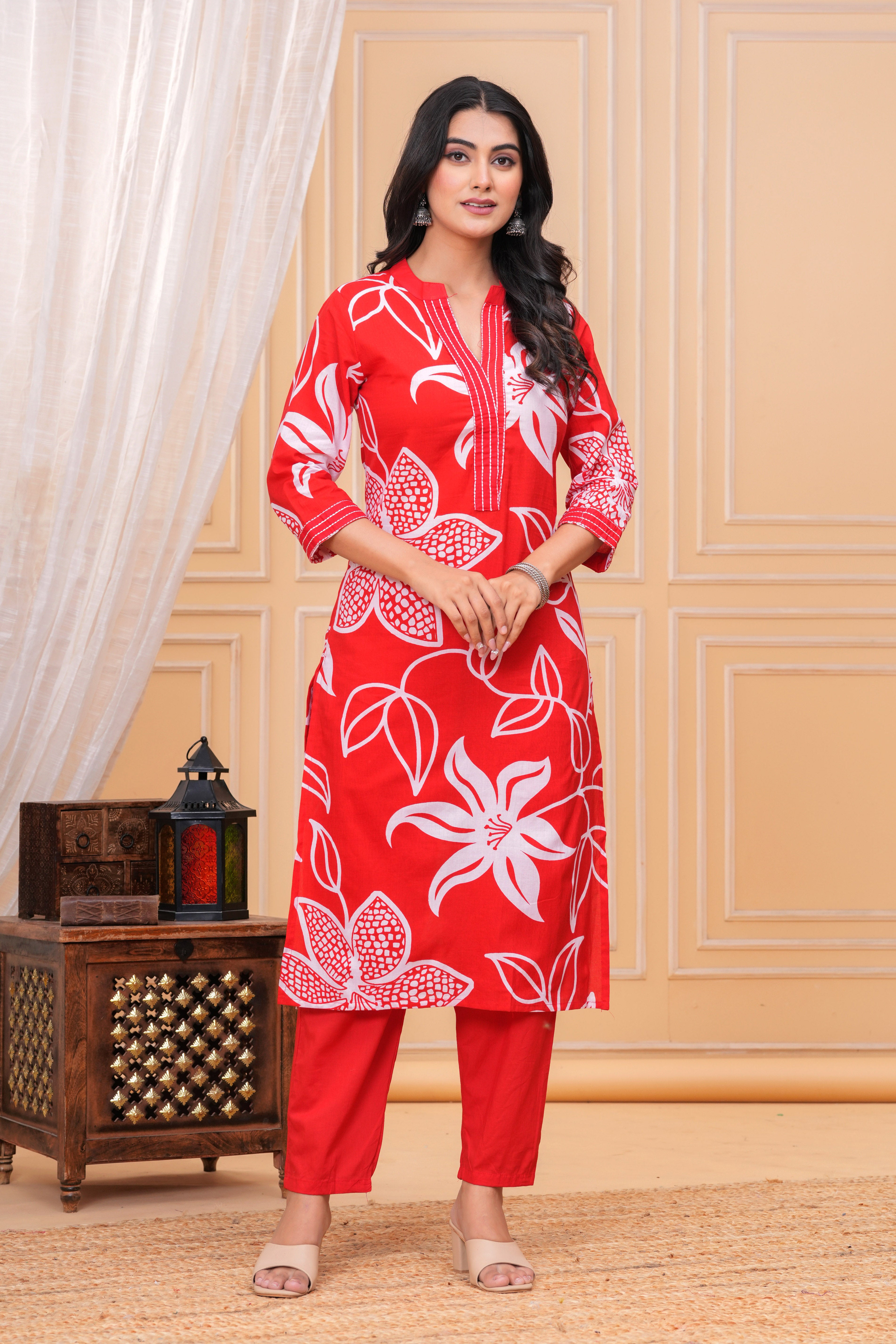 MEERA FAB Women's Pure Cotton Printed Ethnic Wear Straight Kurta Set with Palazzo Pants