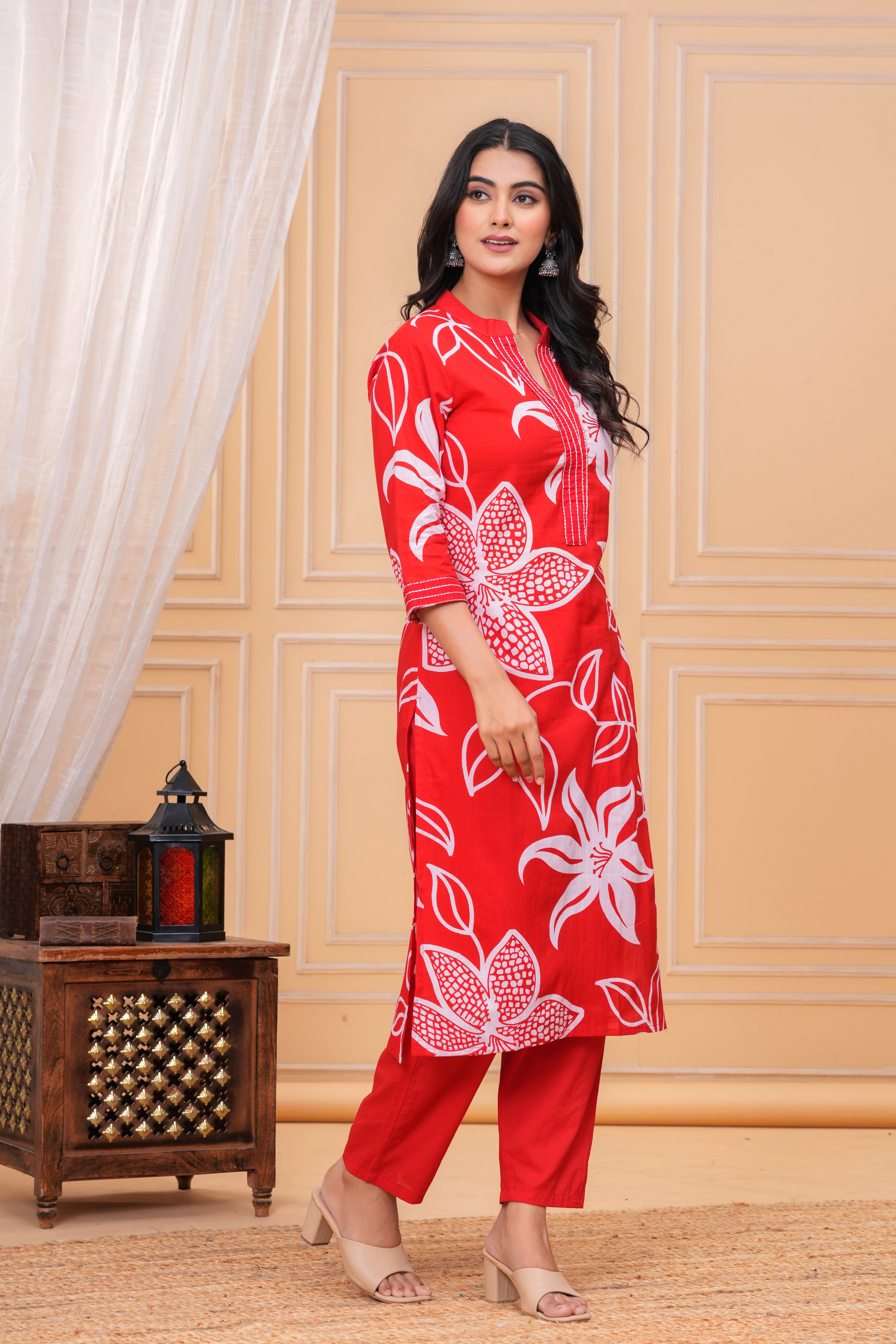 MEERA FAB Women's Pure Cotton Printed Ethnic Wear Straight Kurta Set with Palazzo Pants