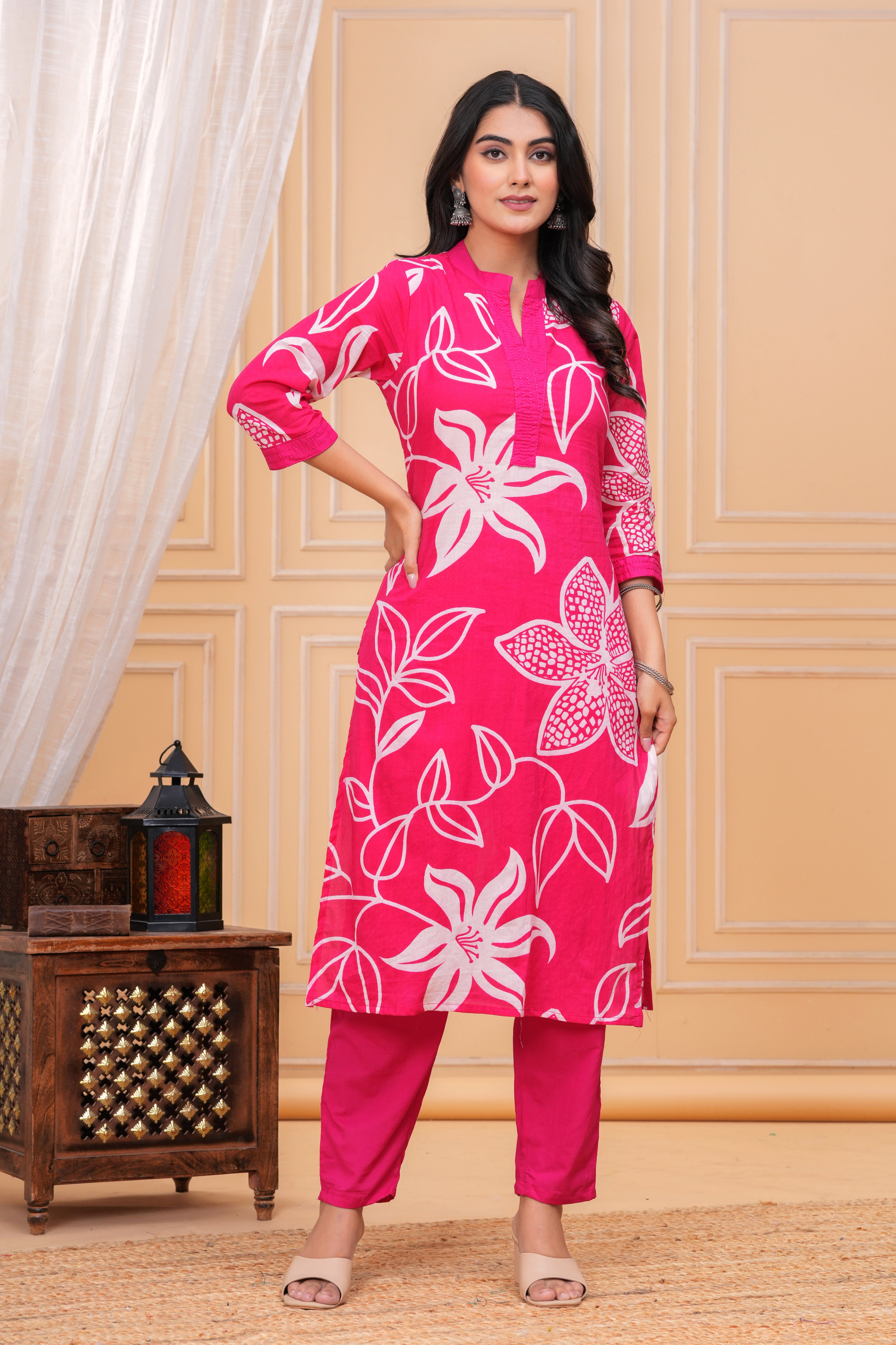 MEERA FAB Women's Pure Cotton Printed Ethnic Wear Straight Kurta Set with Palazzo Pants