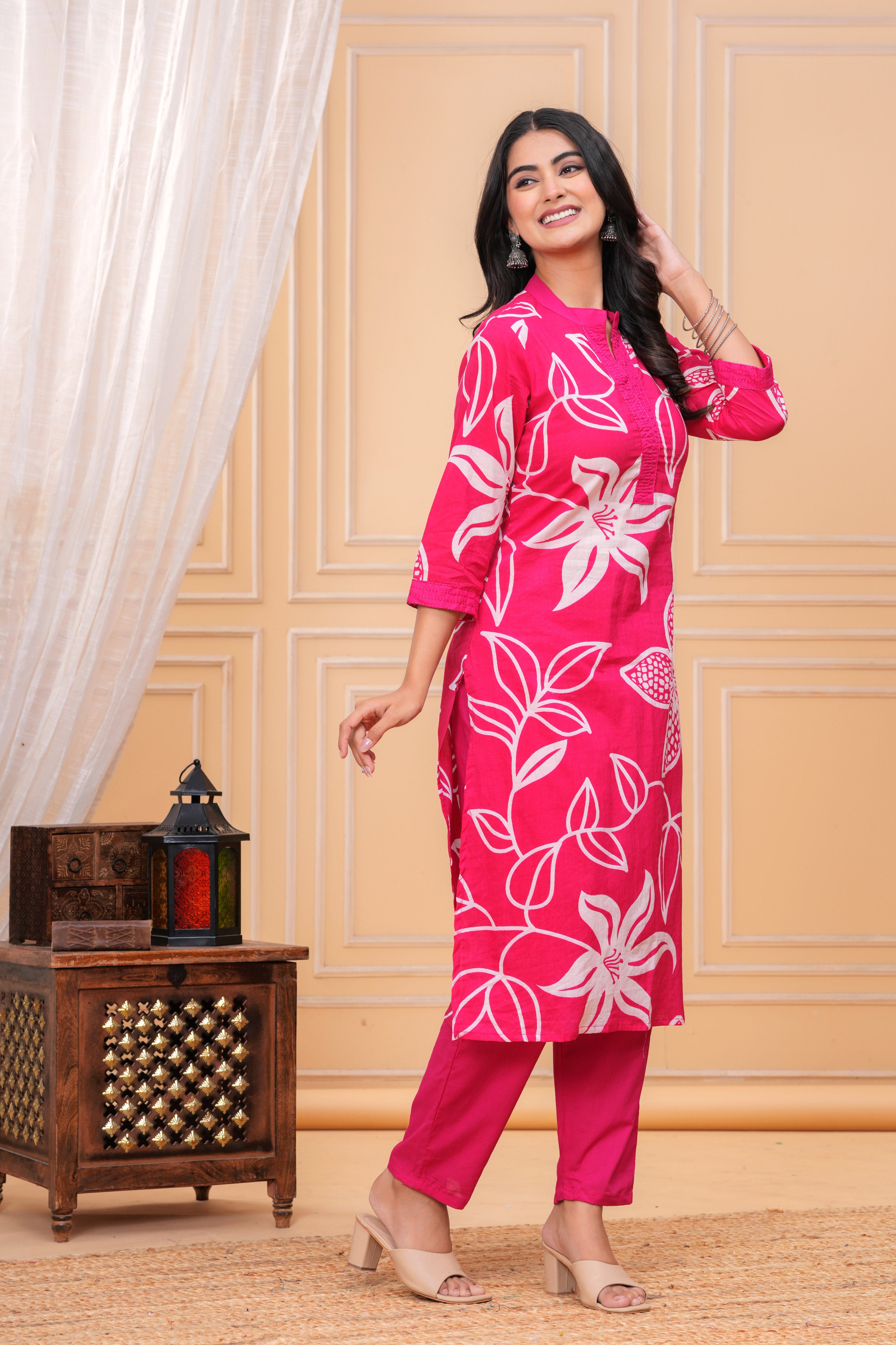MEERA FAB Women's Pure Cotton Printed Ethnic Wear Straight Kurta Set with Palazzo Pants