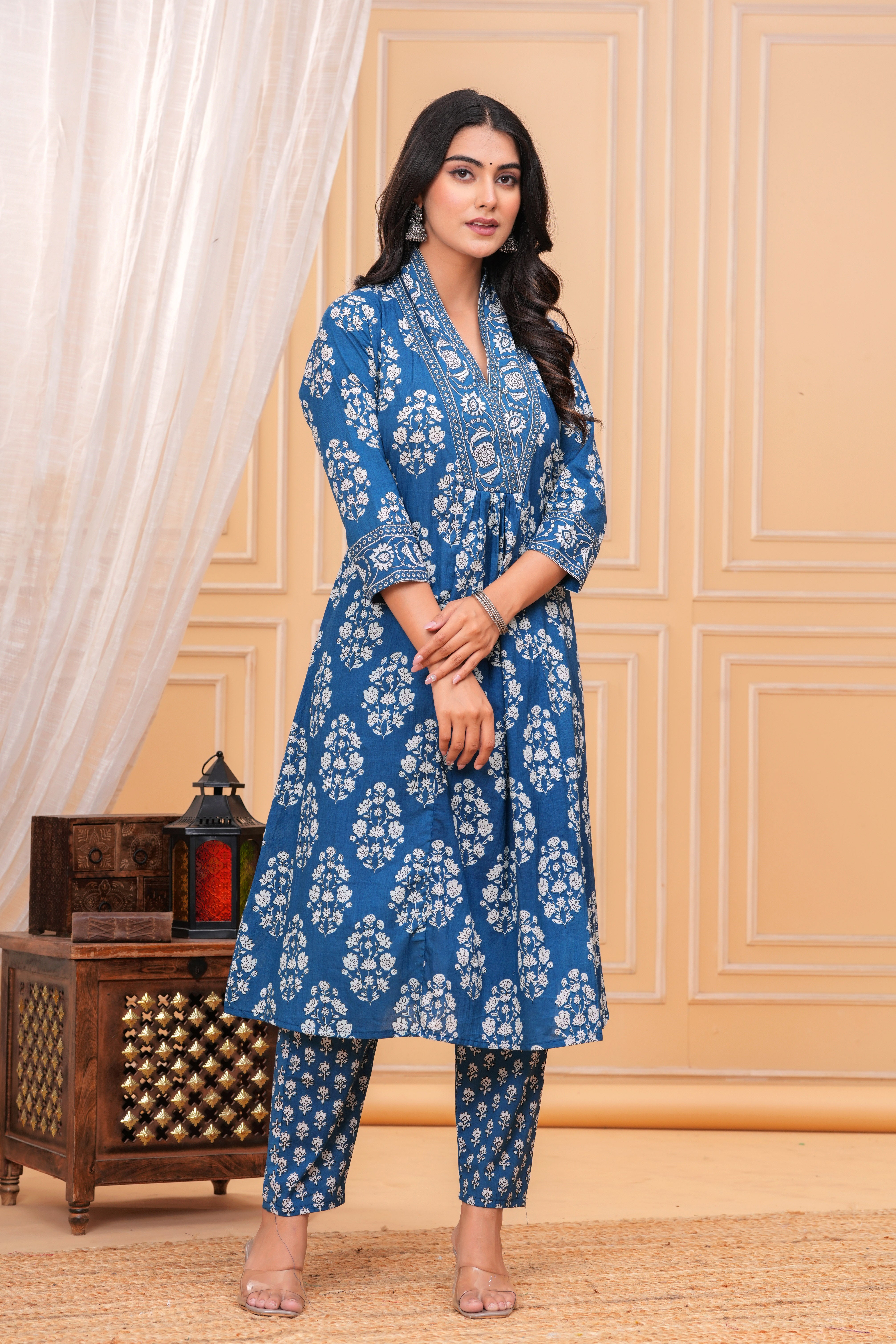 MEERA FAB Women's Pure Cotton V-Neck Border Anarkali Printed Kurta with Palazzo and Dupatta