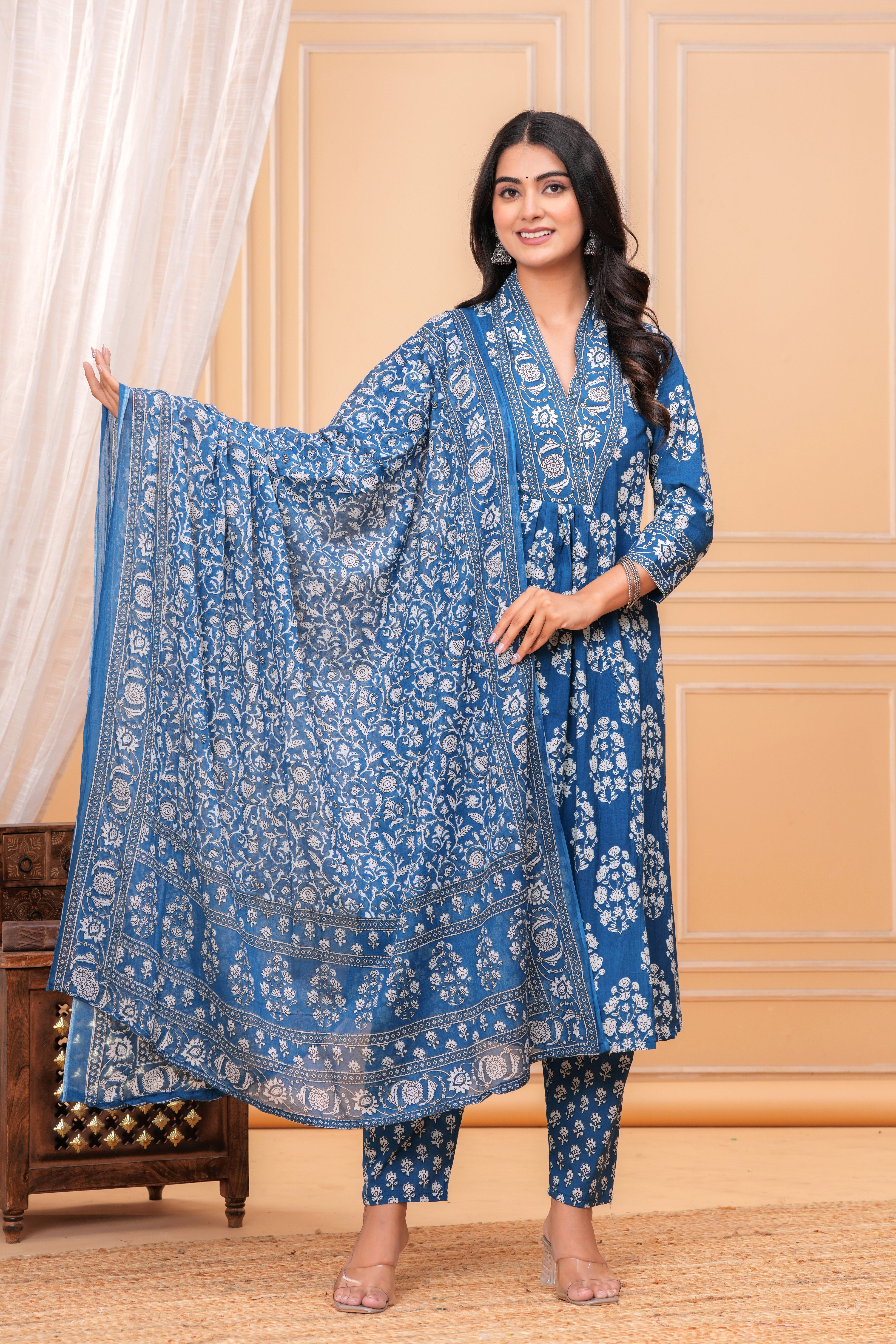 MEERA FAB Women's Pure Cotton V-Neck Border Anarkali Printed Kurta with Palazzo and Dupatta