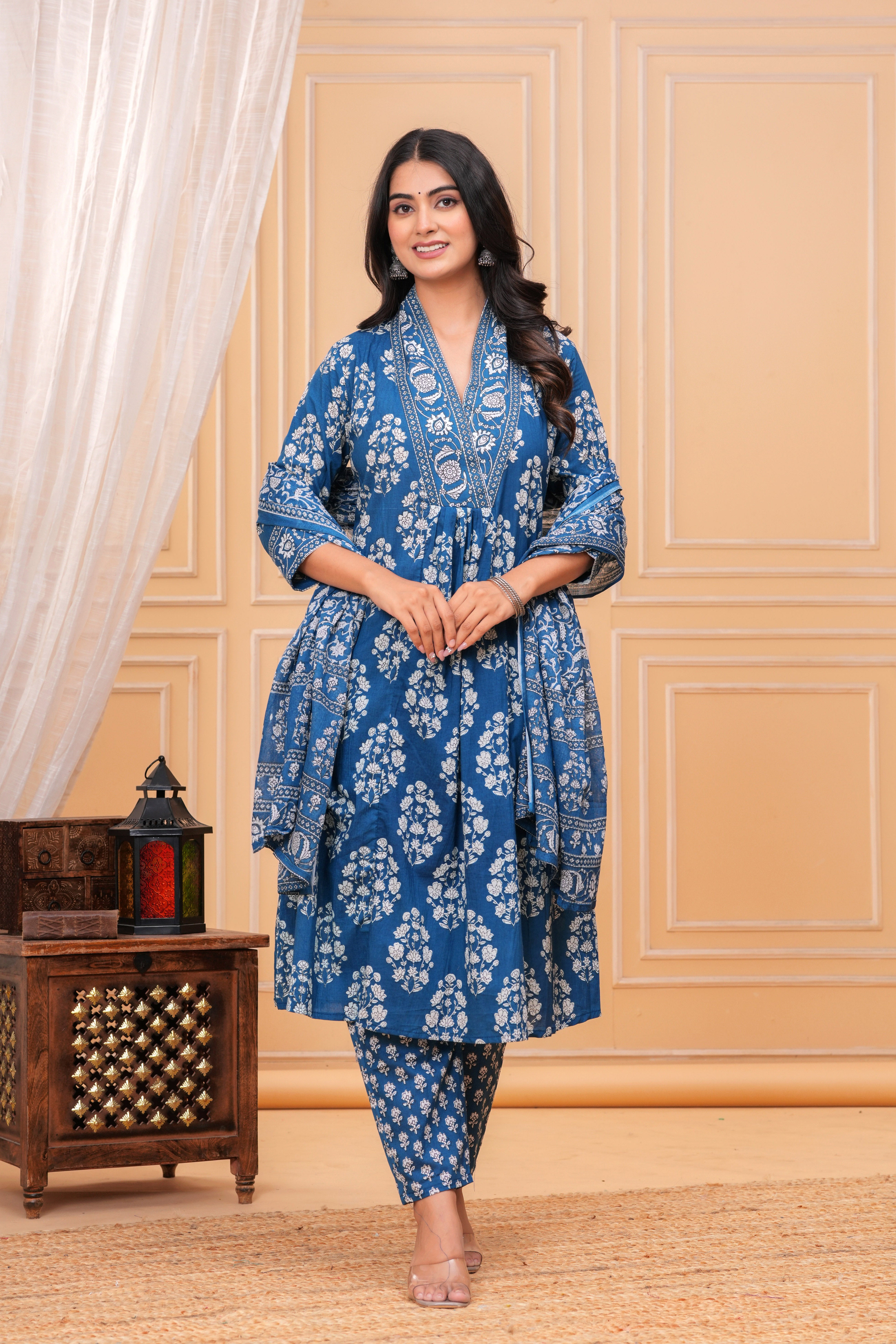 MEERA FAB Women's Pure Cotton V-Neck Border Anarkali Printed Kurta with Palazzo and Dupatta