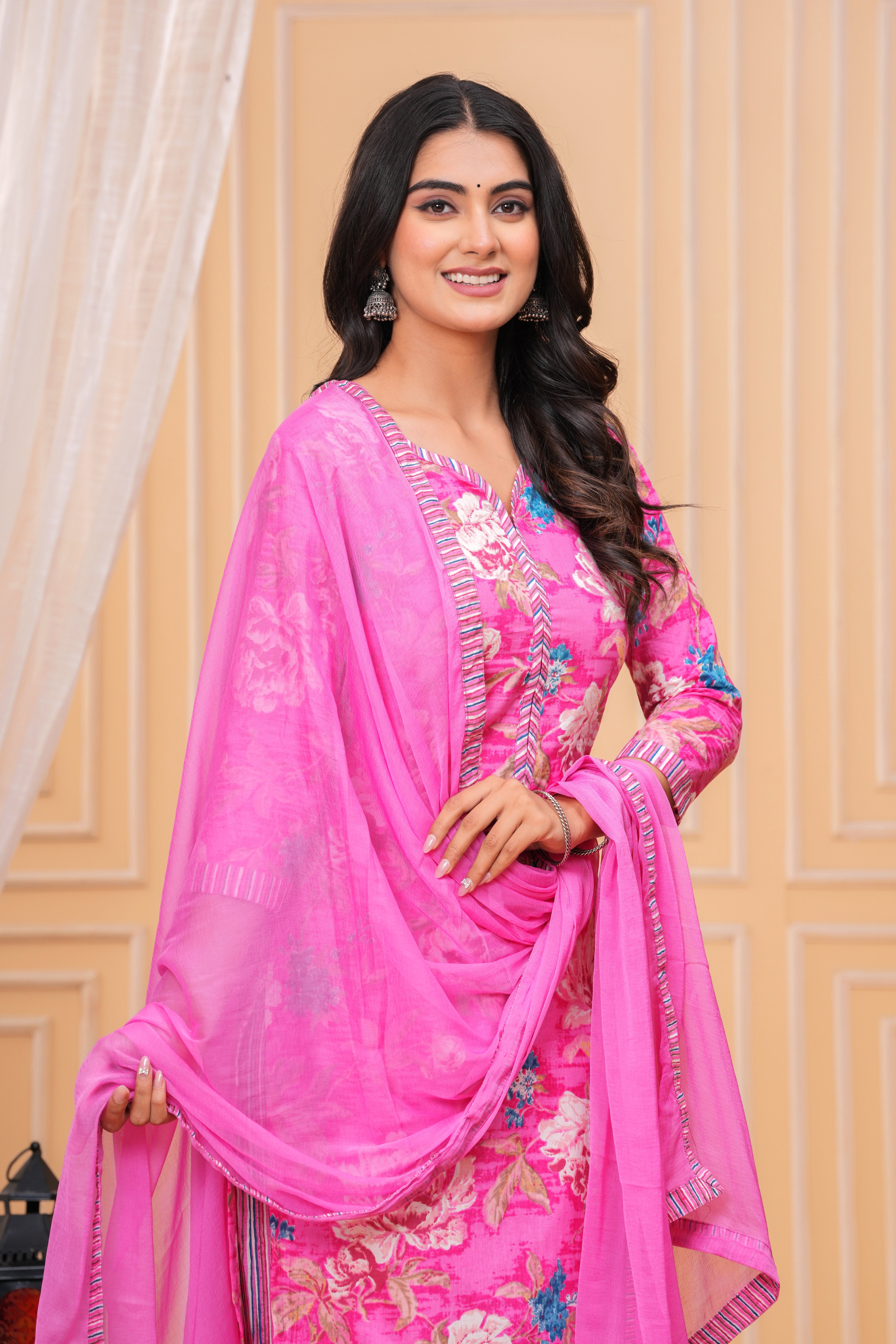 MEERA FAB Women Floral Printed Regular Pure Cotton Kurta with Palazzo & Dupatta