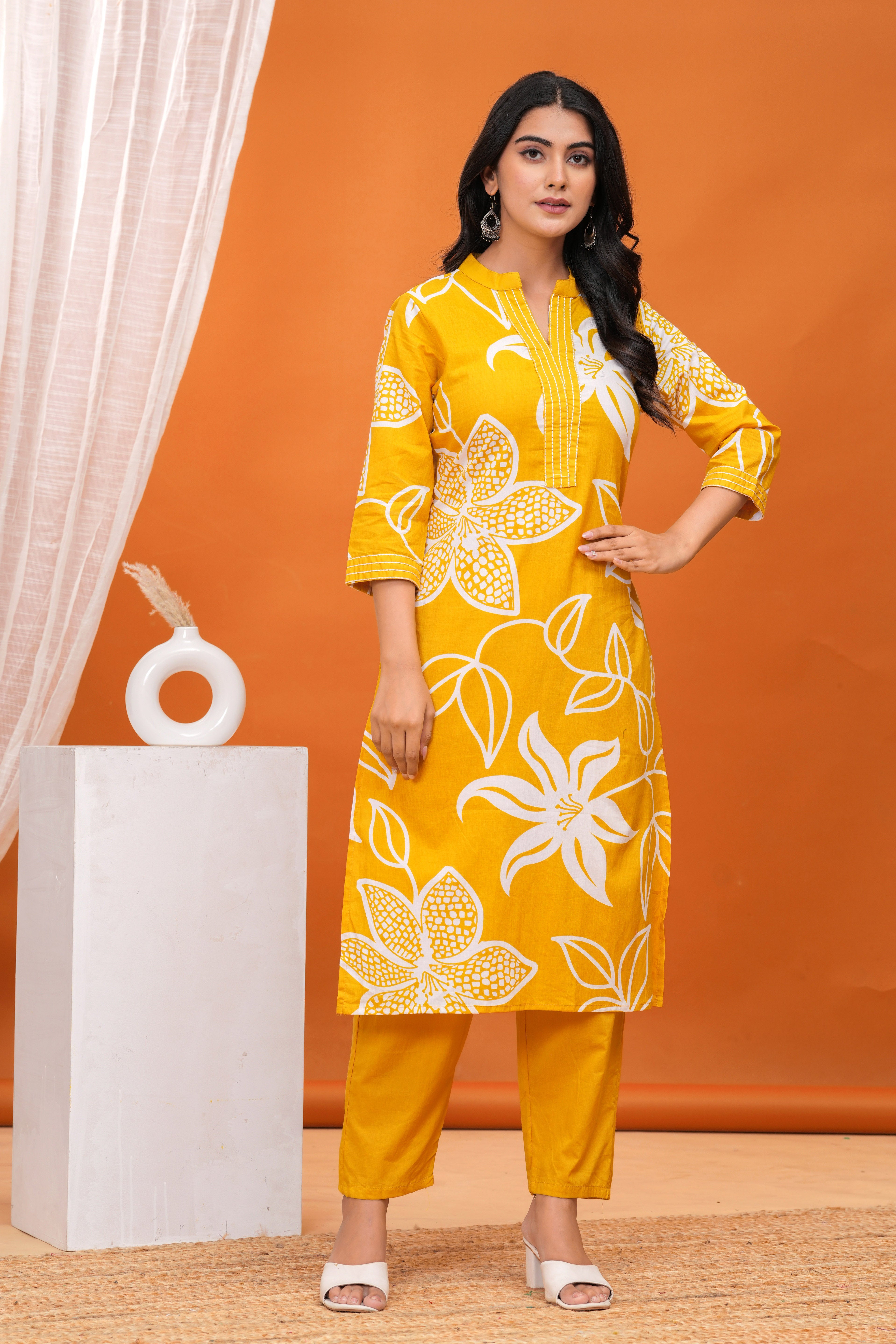 MEERA FAB Women's Pure Cotton Printed Ethnic Wear Straight Kurta Set with Palazzo Pants