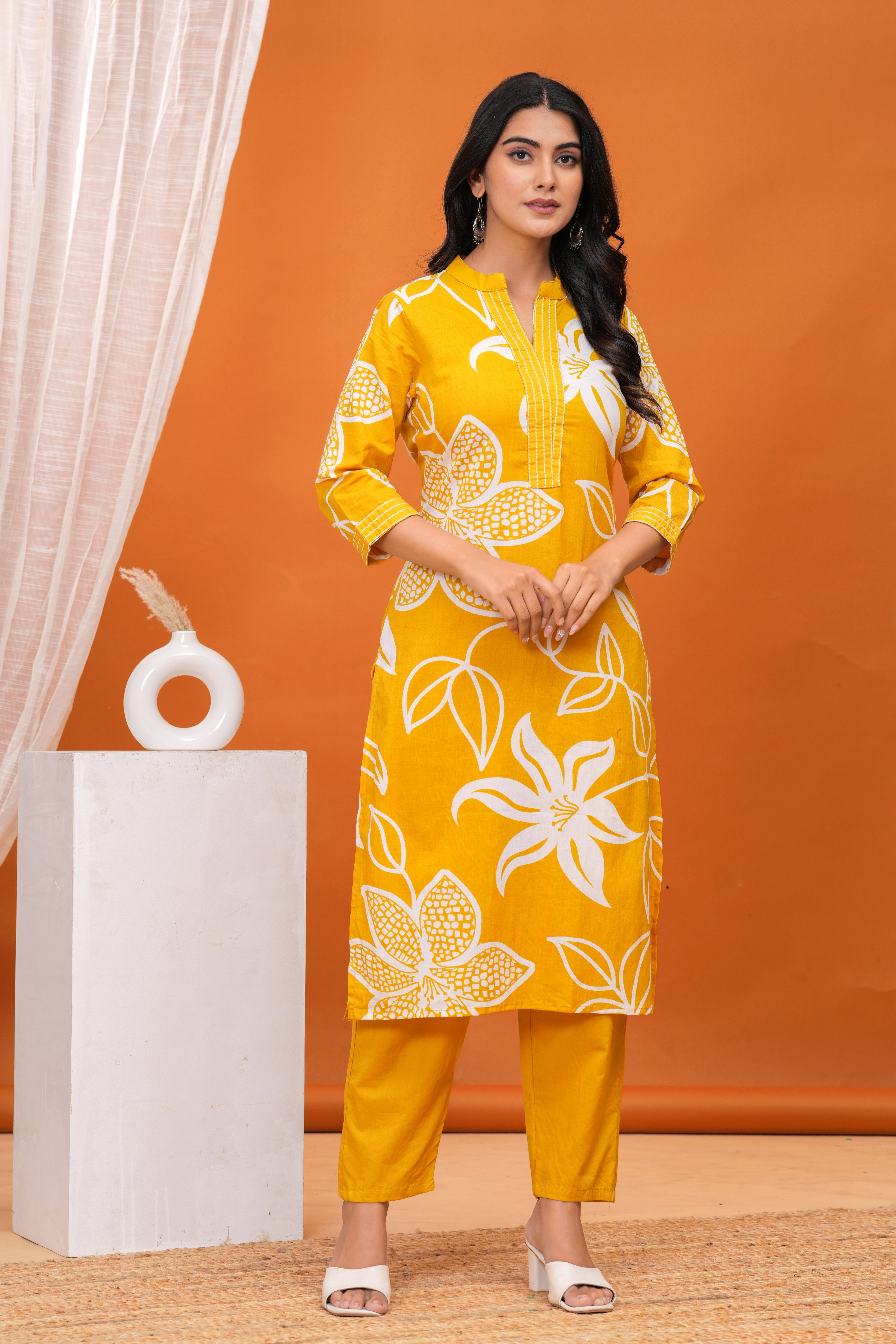 MEERA FAB Women's Pure Cotton Printed Ethnic Wear Straight Kurta Set with Palazzo Pants