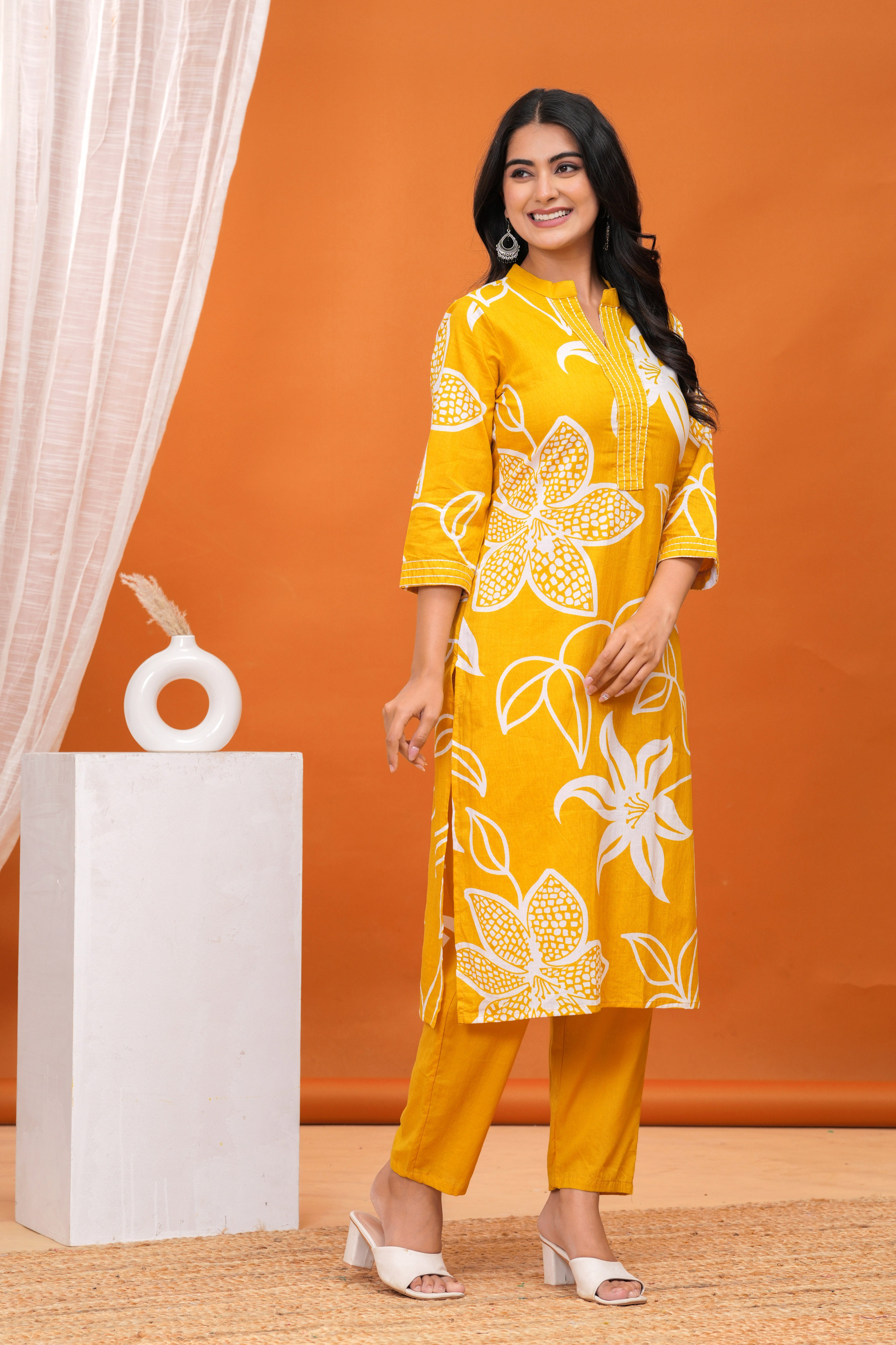 MEERA FAB Women's Pure Cotton Printed Ethnic Wear Straight Kurta Set with Palazzo Pants