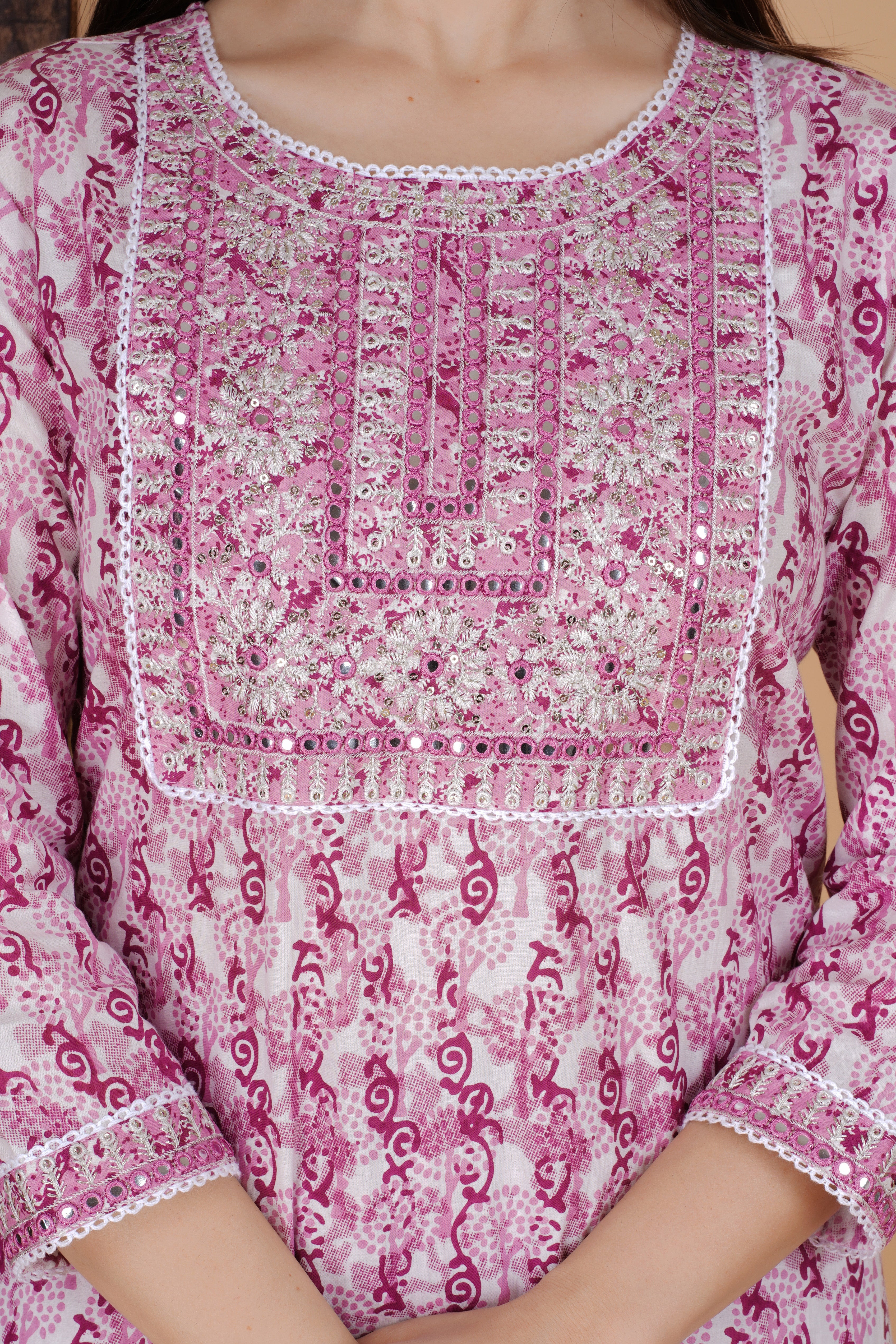 MEERA FAB Women's Cotton Printed Straight Embroidery Kurta with Palazzo & Dupatta Set