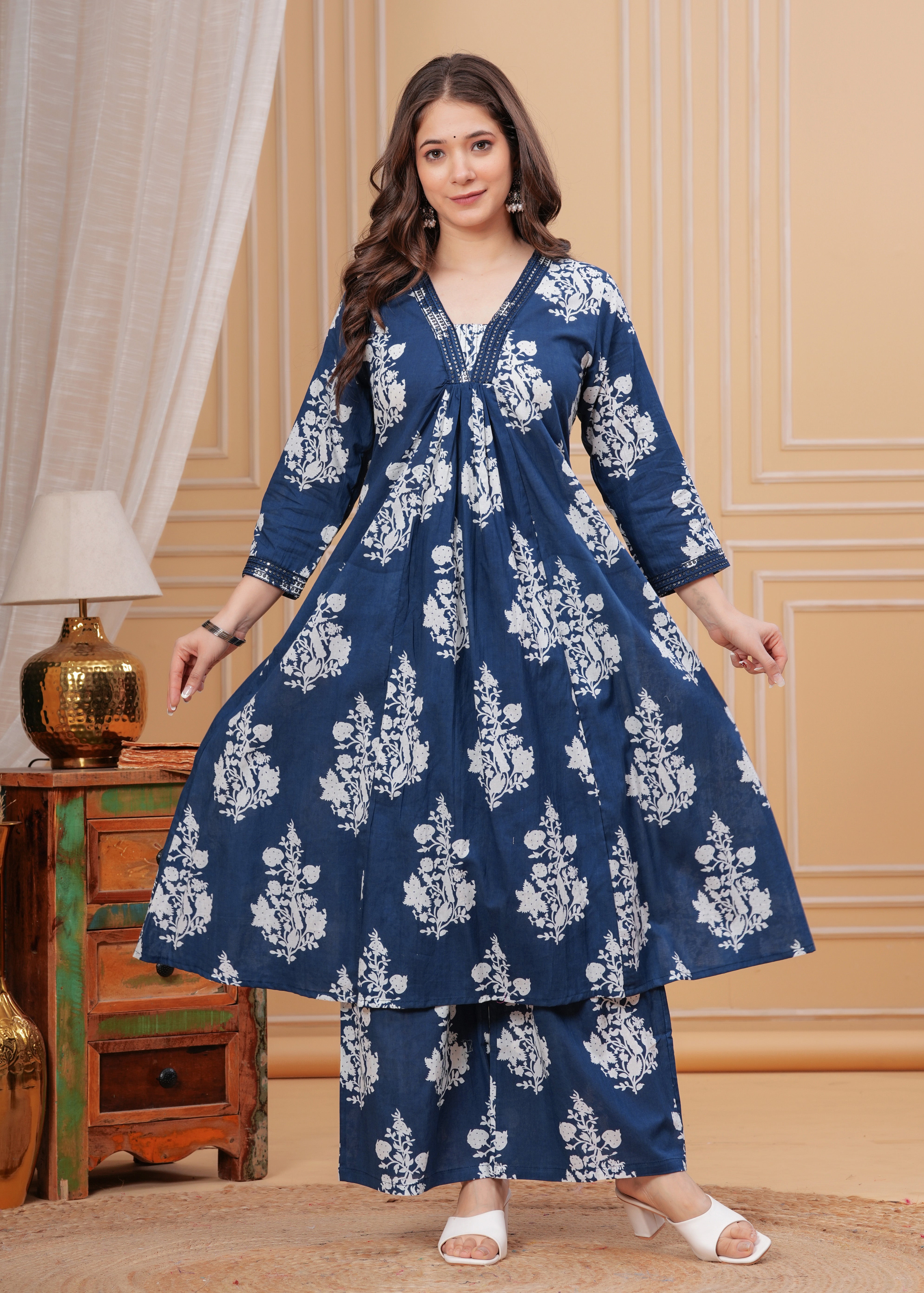 MEERA FAB Women's Cotton Blend V-Neck Anarkali Embrodriery Kurta with Palazzo & Dupatta