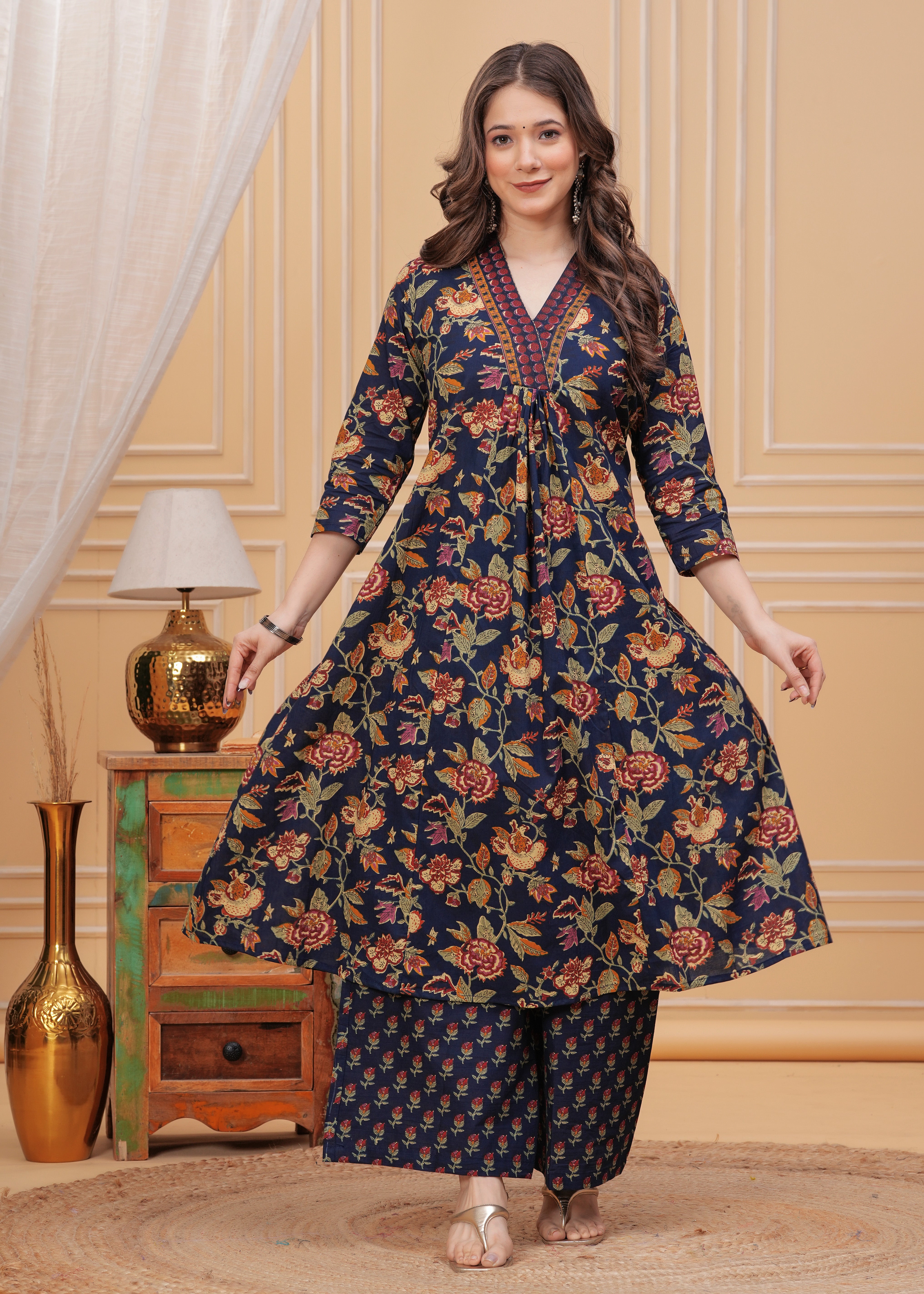 MEERA FAB Women's Cotton Blend Anarkali Printed Kurta with Palazzo & Dupatta