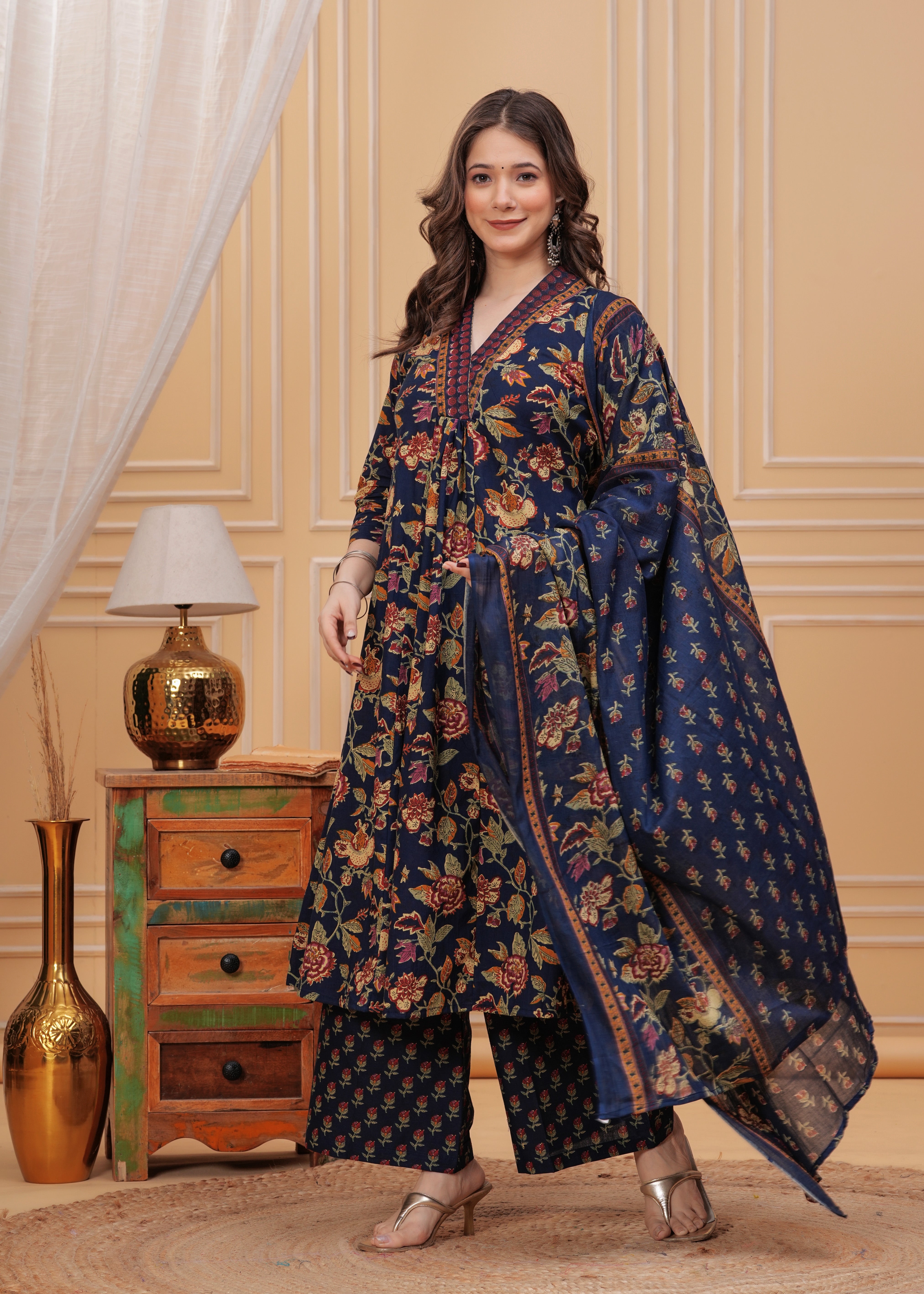 MEERA FAB Women's Cotton Blend Anarkali Printed Kurta with Palazzo & Dupatta