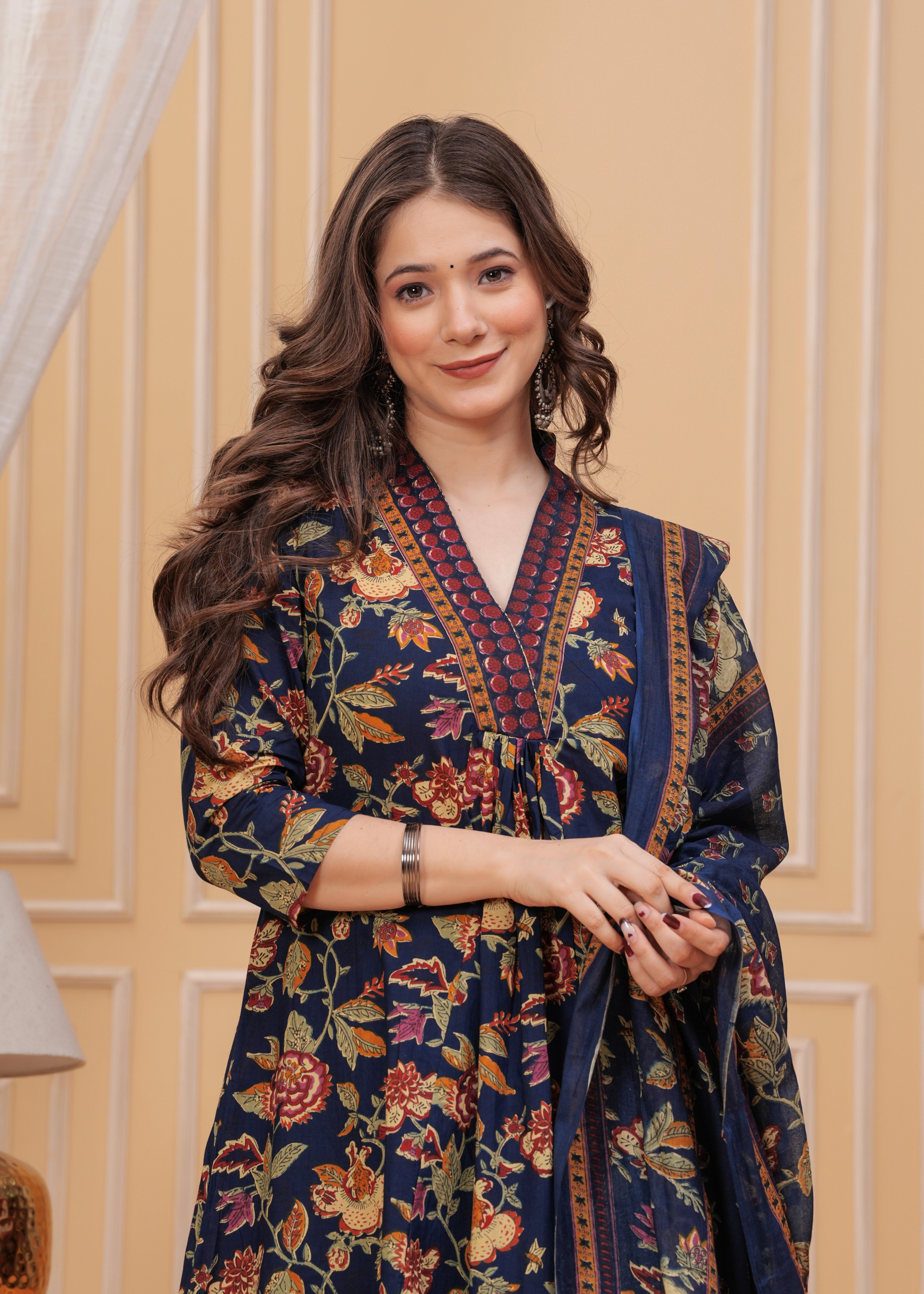 MEERA FAB Women's Cotton Blend Anarkali Printed Kurta with Palazzo & Dupatta