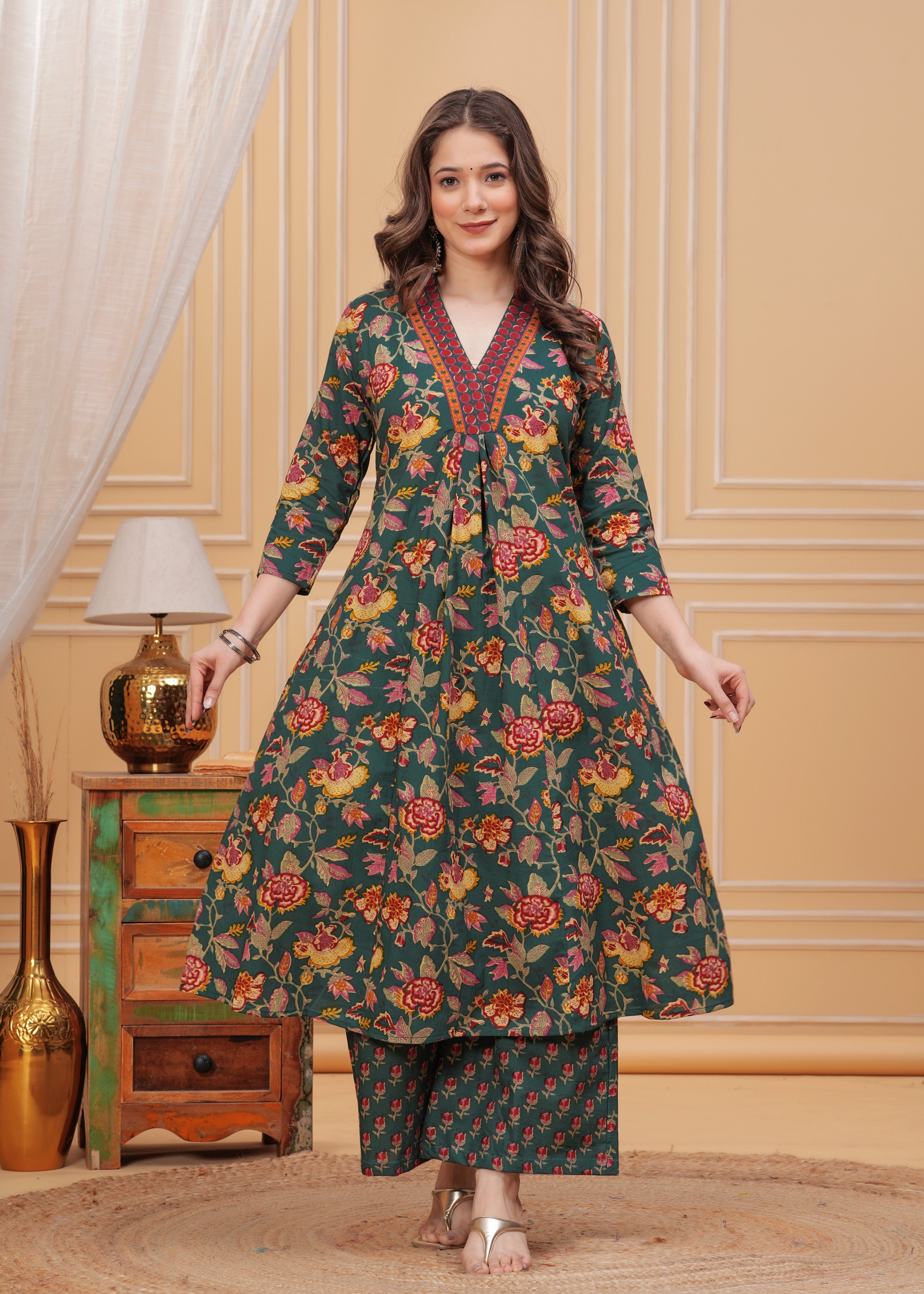 MEERA FAB Women's Cotton Blend Anarkali Printed Kurta with Palazzo & Dupatta