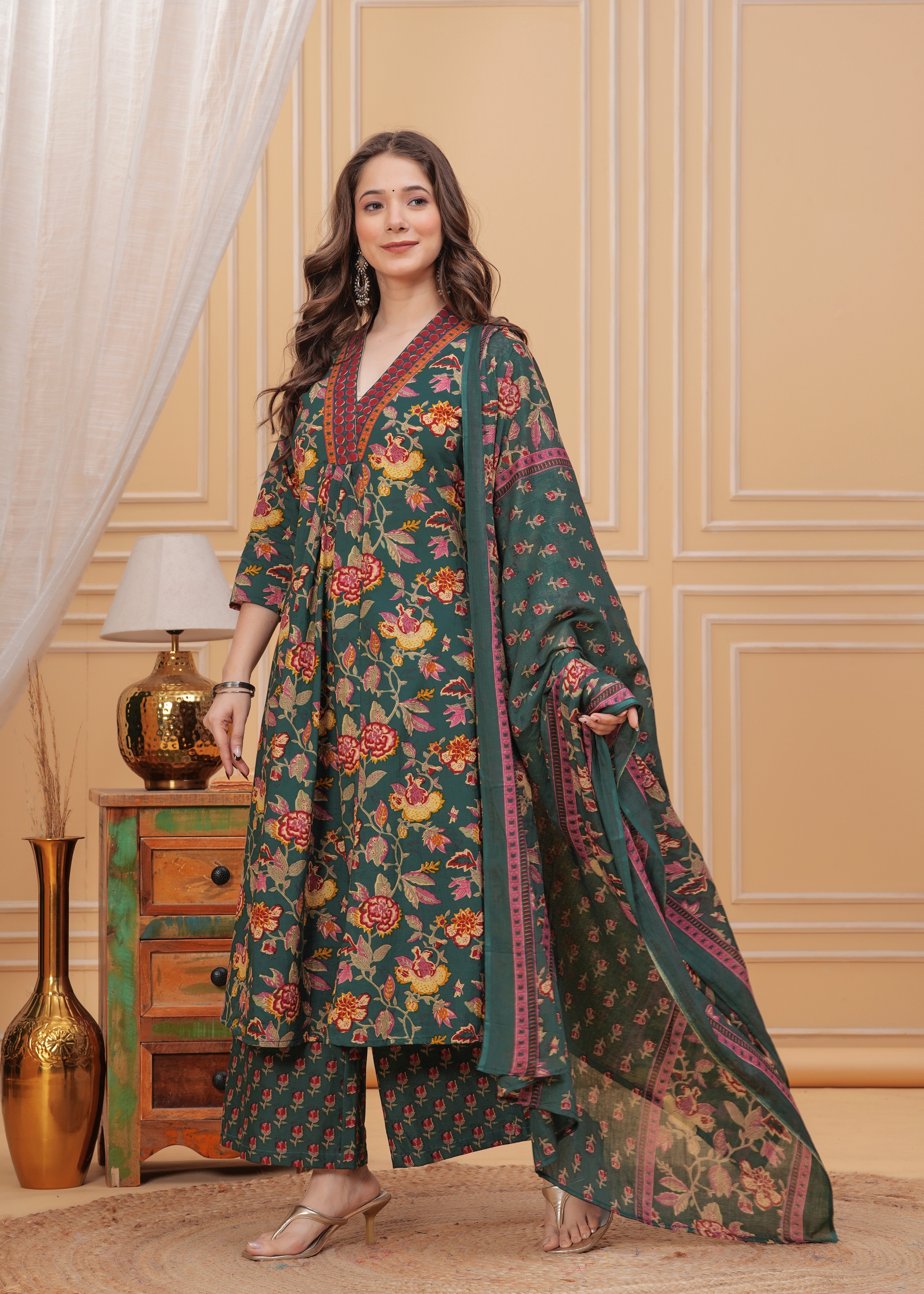 MEERA FAB Women's Cotton Blend Anarkali Printed Kurta with Palazzo & Dupatta