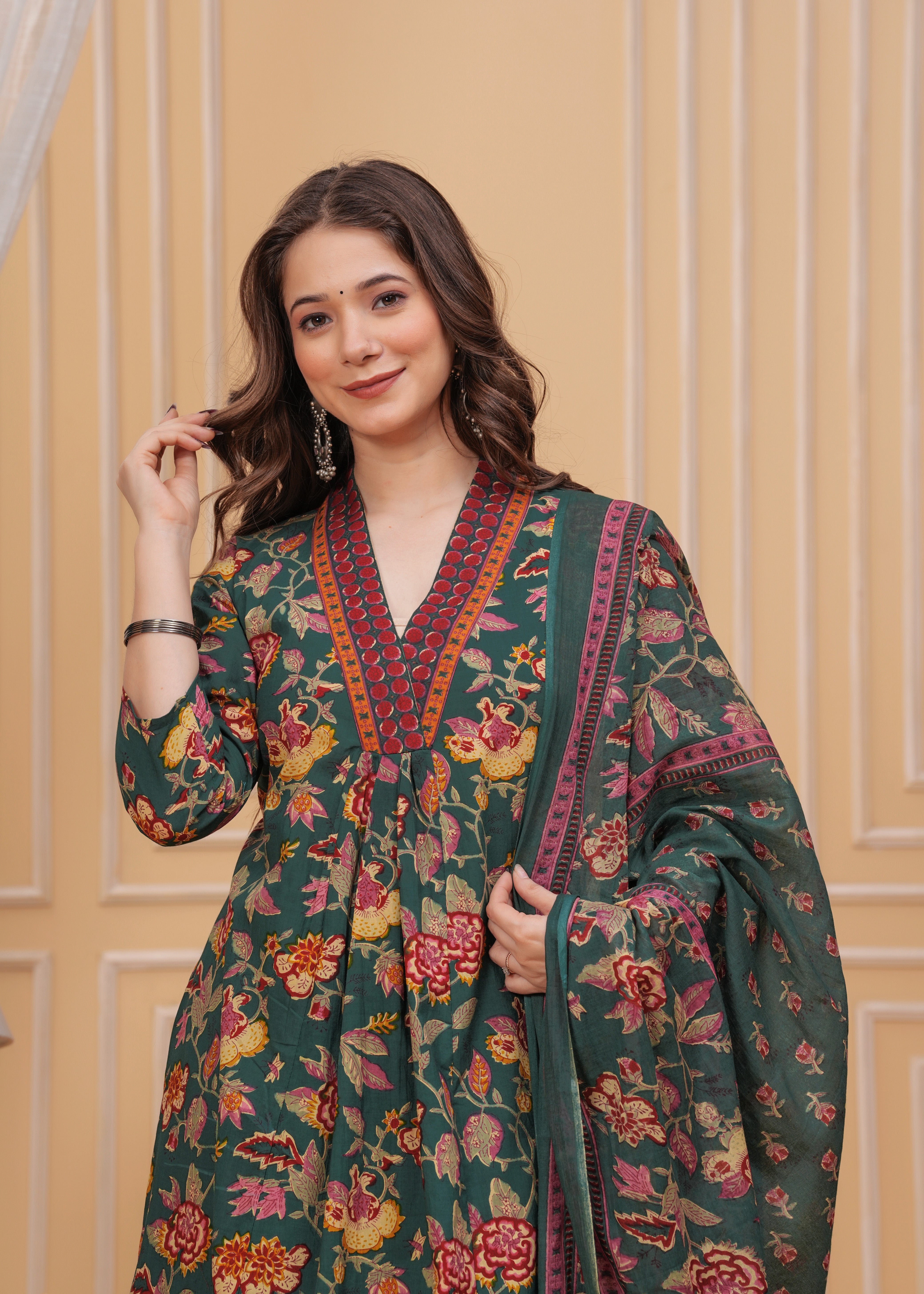 MEERA FAB Women's Cotton Blend Anarkali Printed Kurta with Palazzo & Dupatta