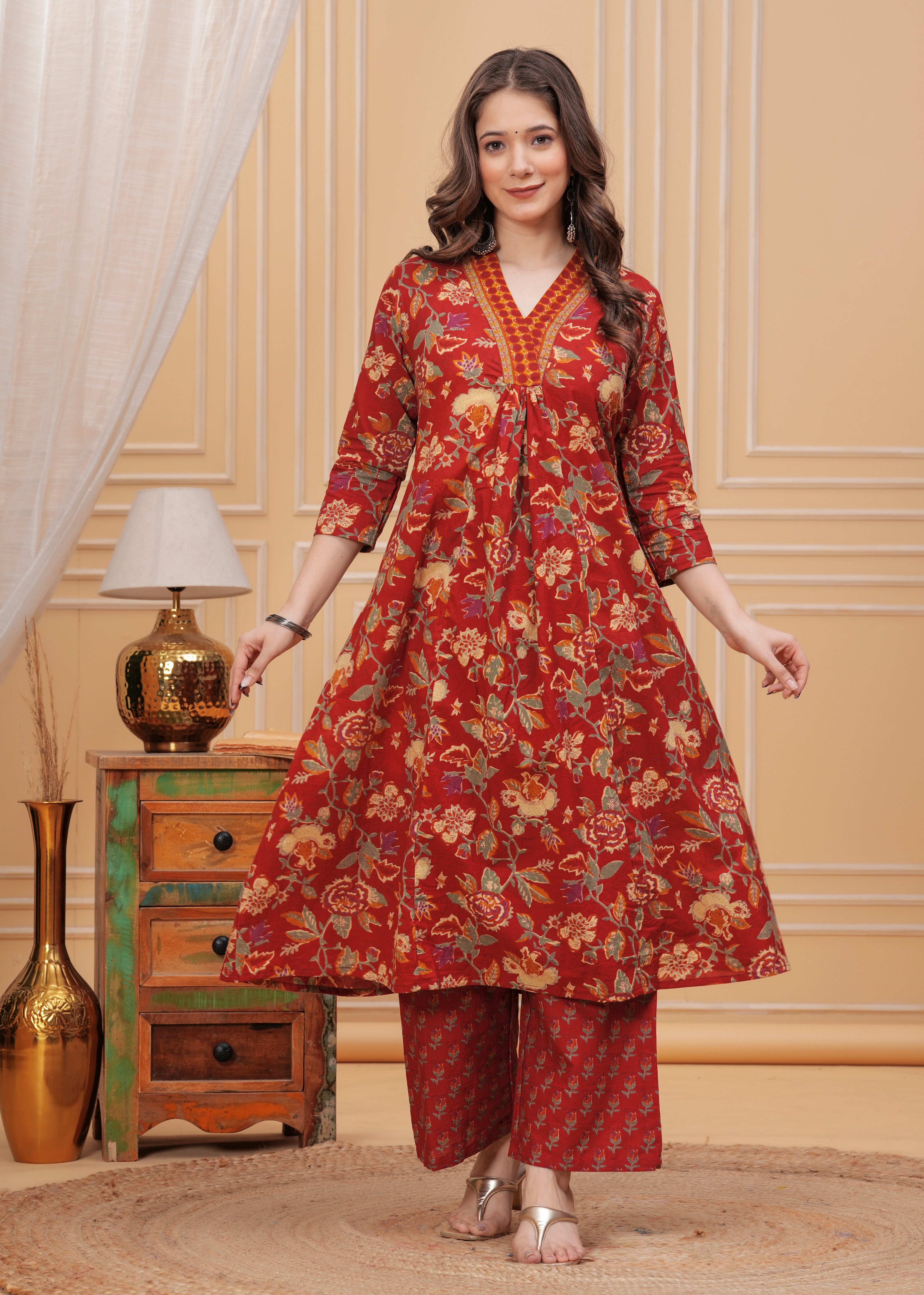 MEERA FAB Women's Cotton Blend Anarkali Printed Kurta with Palazzo & Dupatta