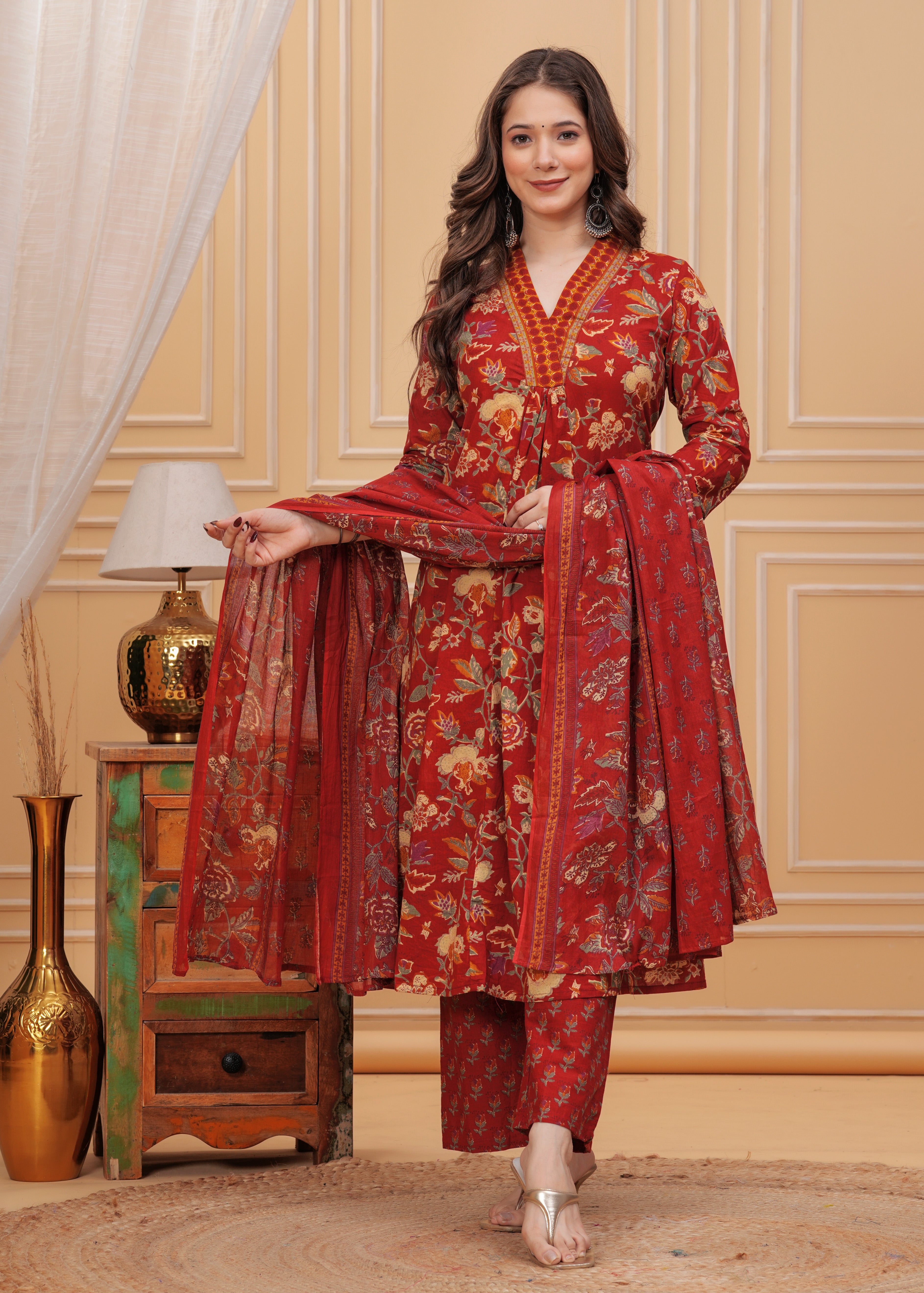 MEERA FAB Women's Cotton Blend Anarkali Printed Kurta with Palazzo & Dupatta