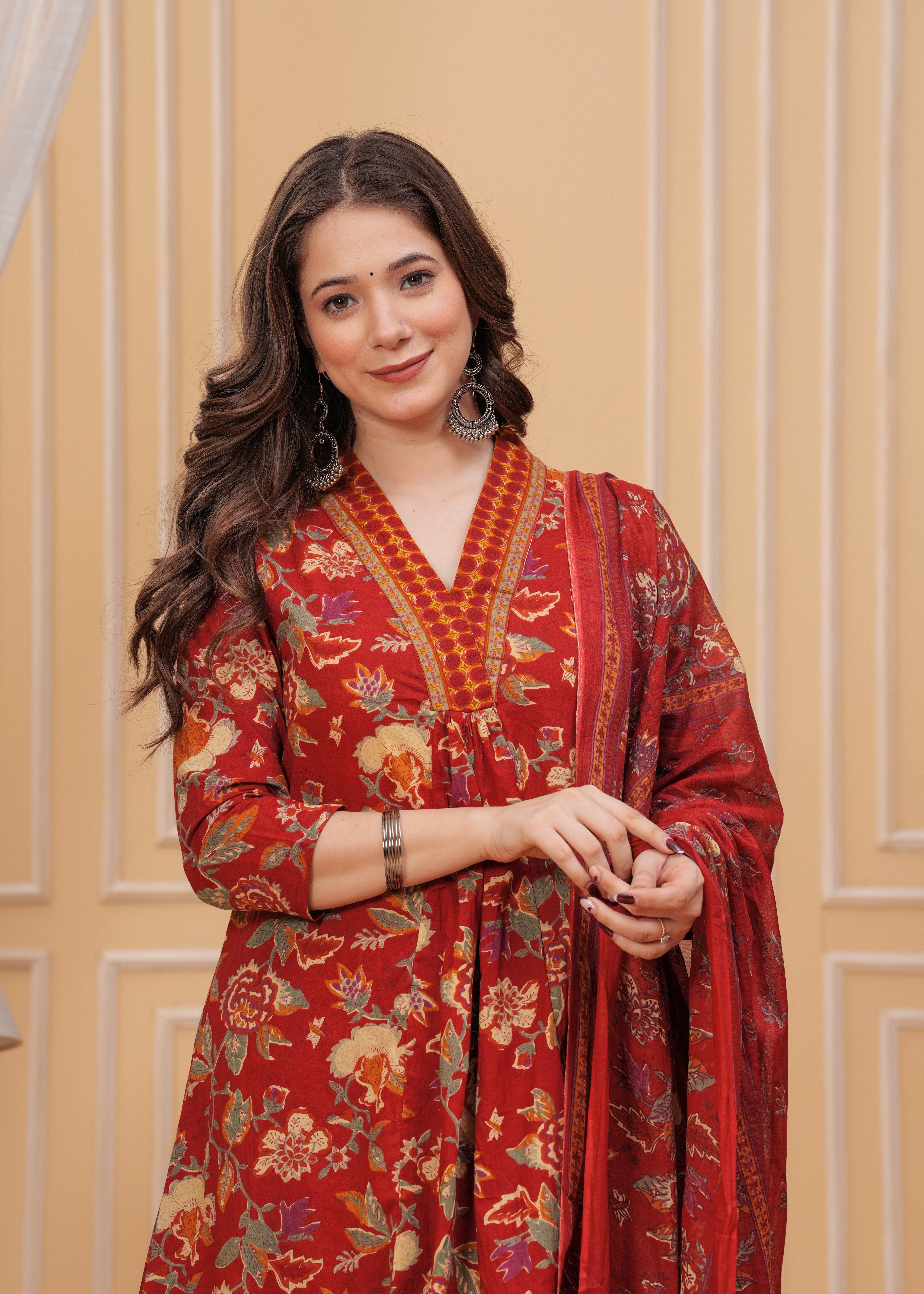 MEERA FAB Women's Cotton Blend Anarkali Printed Kurta with Palazzo & Dupatta