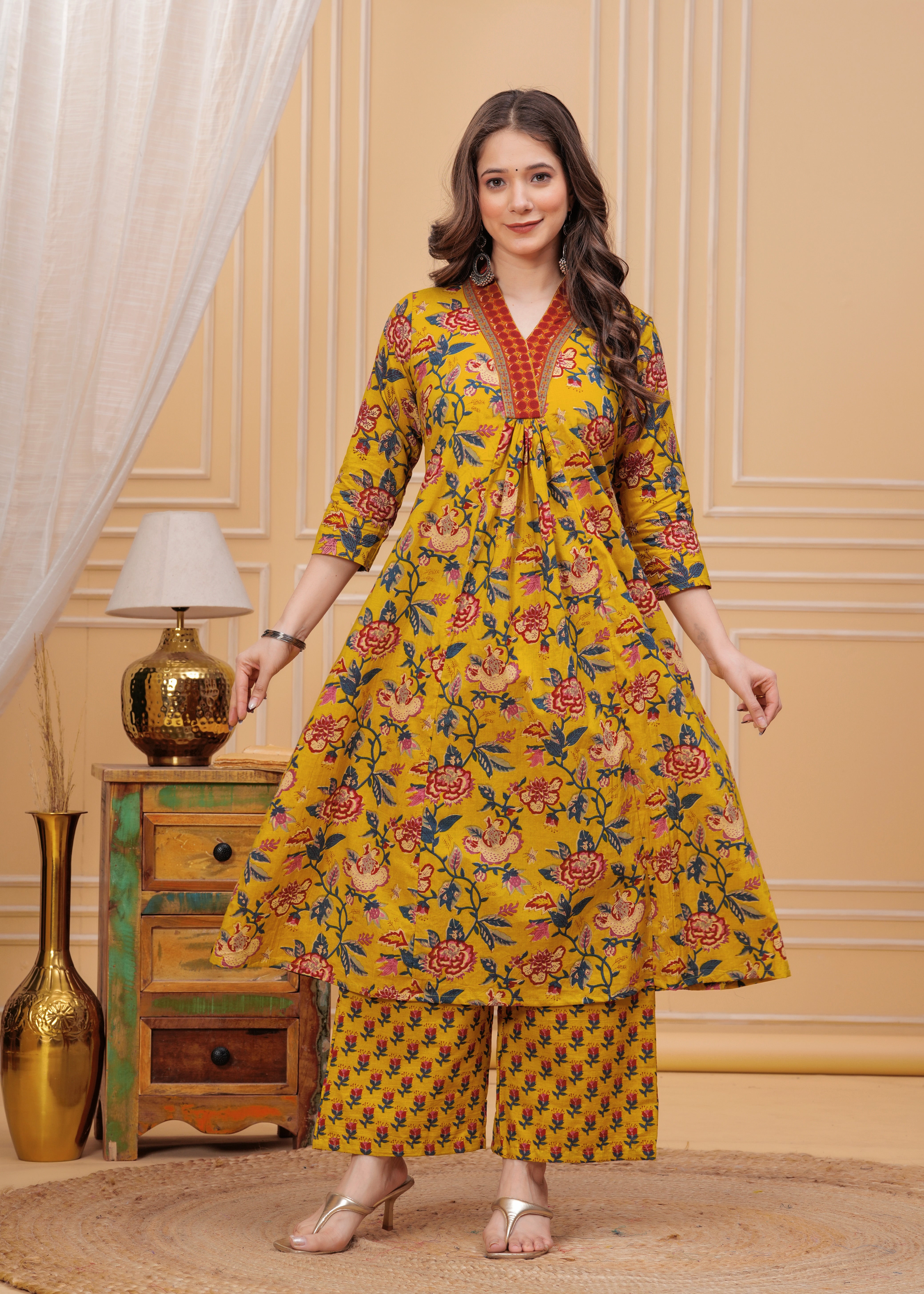 MEERA FAB Women's Cotton Blend Anarkali Printed Kurta with Palazzo & Dupatta