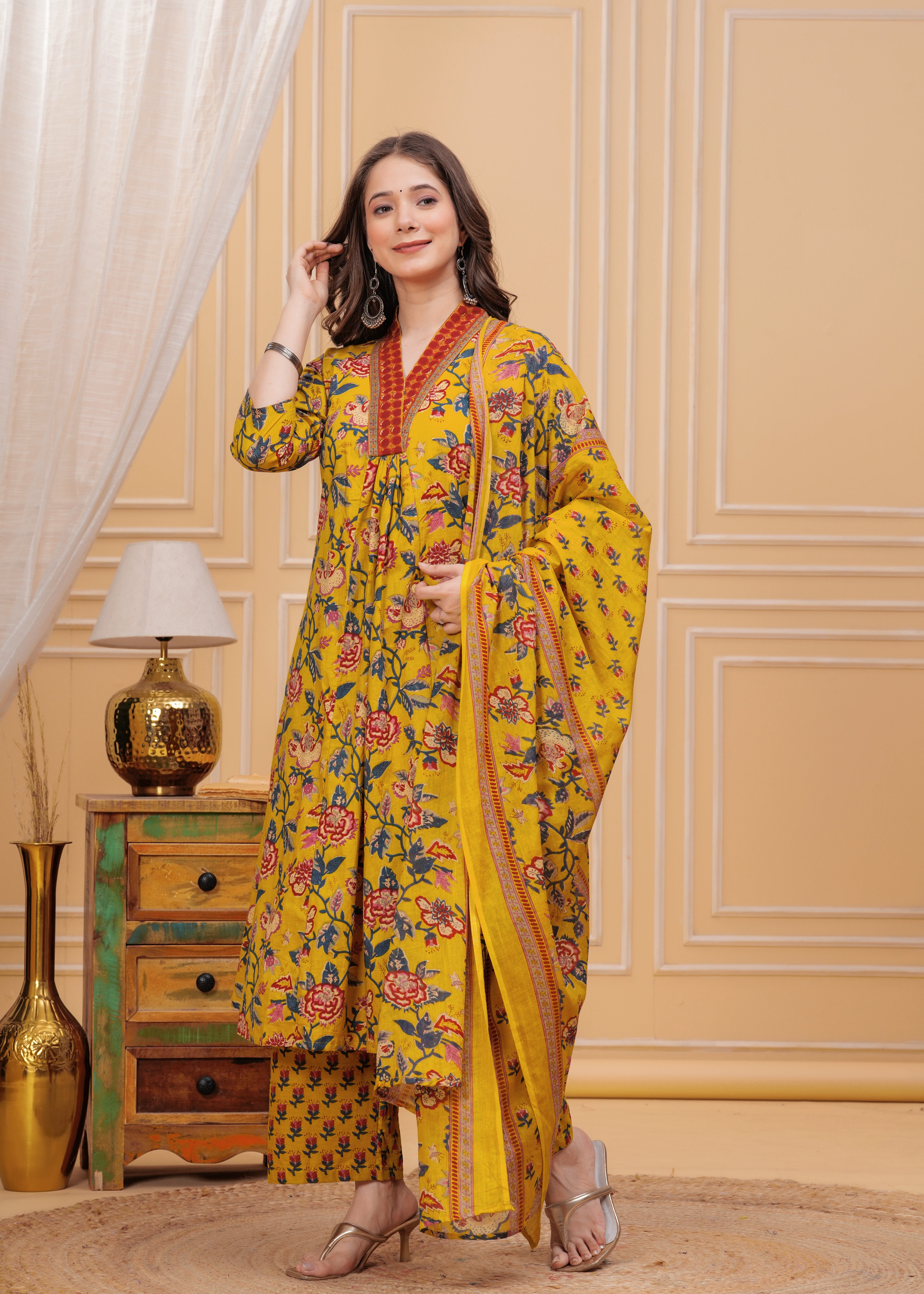 MEERA FAB Women's Cotton Blend Anarkali Printed Kurta with Palazzo & Dupatta