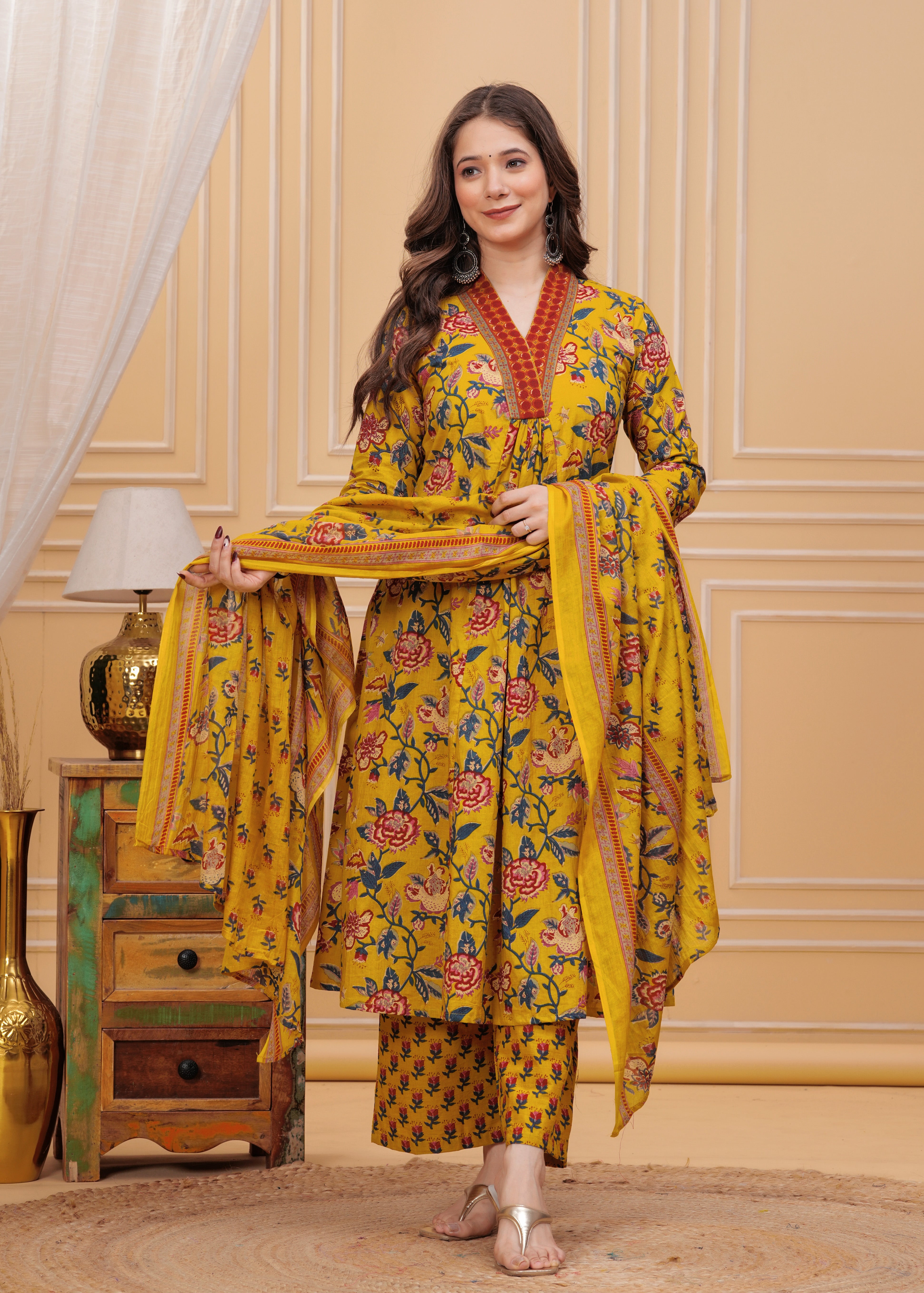 MEERA FAB Women's Cotton Blend Anarkali Printed Kurta with Palazzo & Dupatta