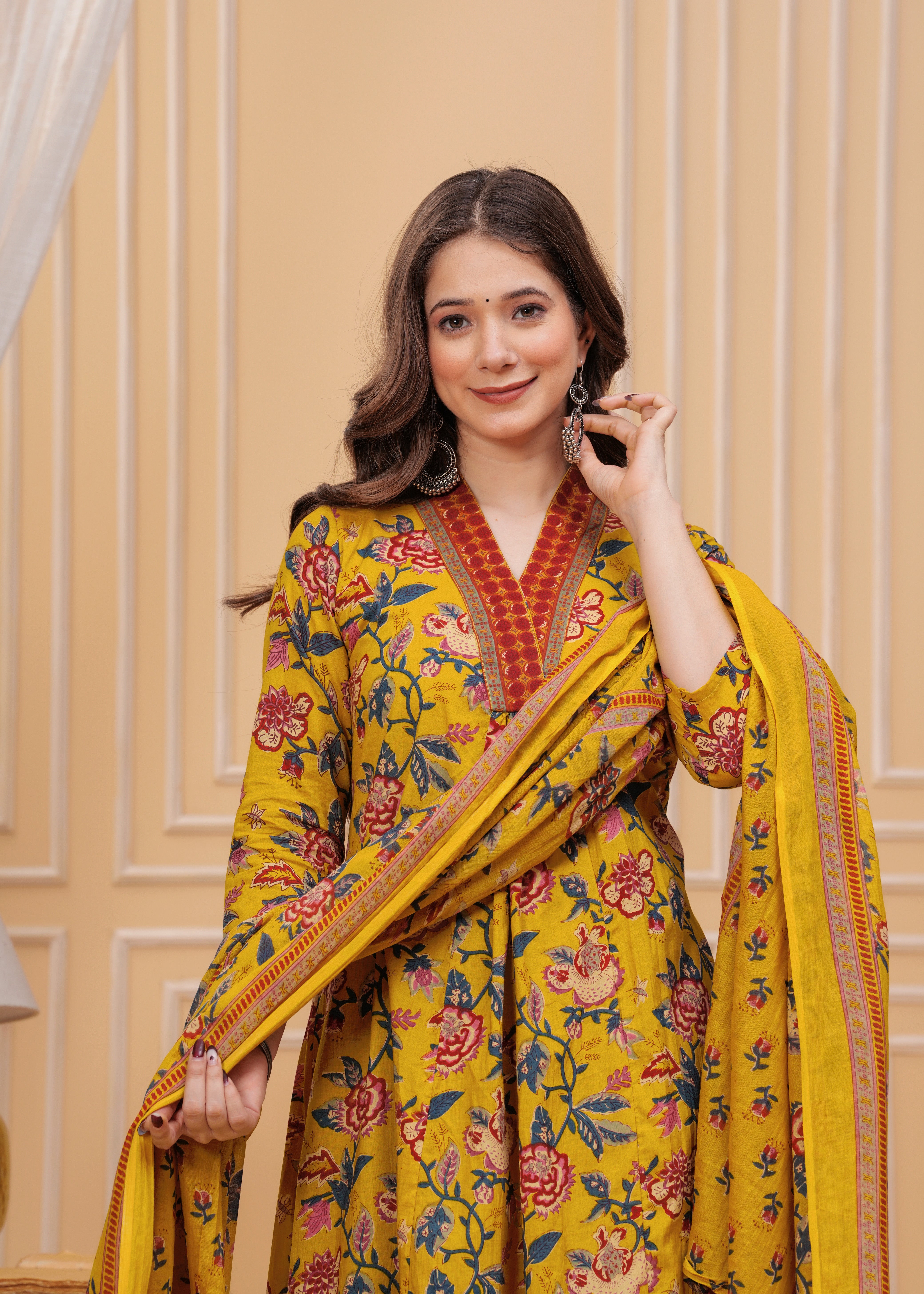 MEERA FAB Women's Cotton Blend Anarkali Printed Kurta with Palazzo & Dupatta